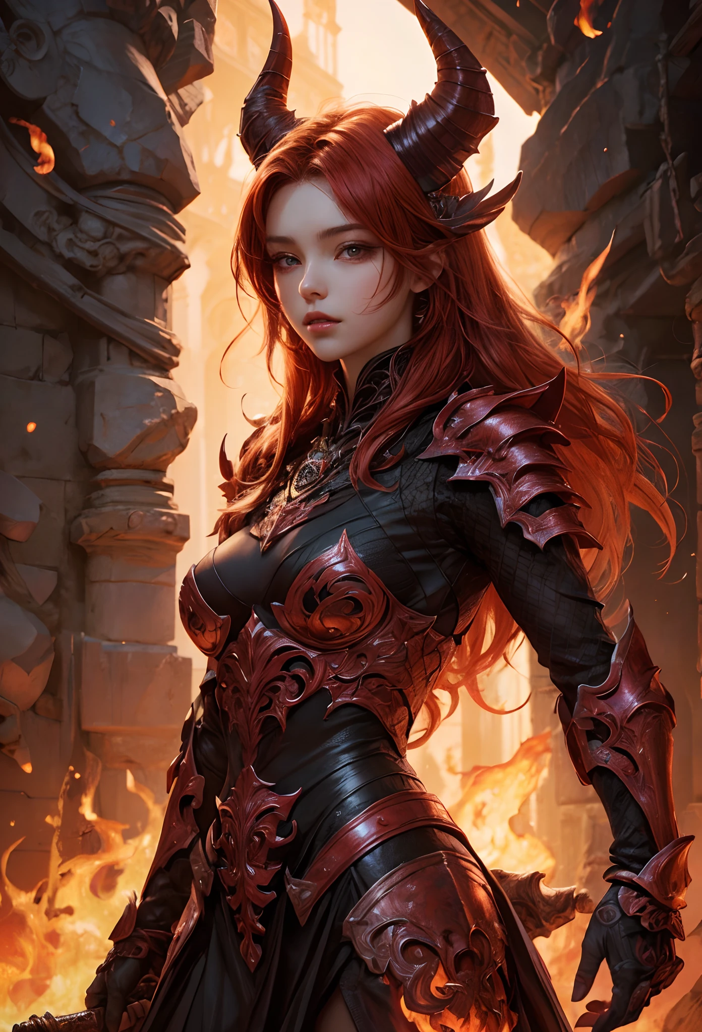 (Detailed illustrations,Very detailed and detailed drawing,Delicate lines with slow and rapid,Realistic texture expression),[Color tressed main line],[Lava cave background [Hot hell:0.4]],HENAI ANIME (Red-skinned DemonGirl 19 years old slender muscular) Flame hair (Devil's Knight:0.8),(Bone armor [crack in the chest:0.6] [Blade of Fresh Blood:0.4]) (edg),[[Dark Fantasy]],(Intricate and beautiful decoration [Dense detail]),(Fine and beautiful skin expression [Transparency]),[Perfect eye details (Iris beautifully drawn in every detail)[Jewel-like eyes]],[long and beautiful eyelashes],[Meticulously drawn hair [More on beautiful and shiny hair]],(Perfect hand details [Beautiful fingers without breakdowns [Beautiful nails]]),(Perfect Anatomy (Perfectly proportioned)) [[Full body like]],[Ideal color coordination(Accurate simulation of light-material interactions)],(HighQuality,[Precision Detail] hight resolution,(detaileds,high-detail)),[Visual art that conveys a sense of narrative].
