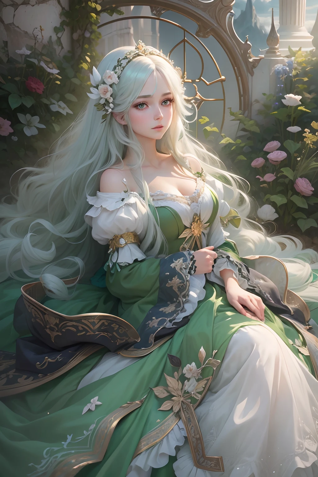 High quality, highly detailed CG unity 8k wallpaper beautiful girl, green eyes, oil painting, fantasy rococo gown, long white hair, dreamy, fluff, cloud