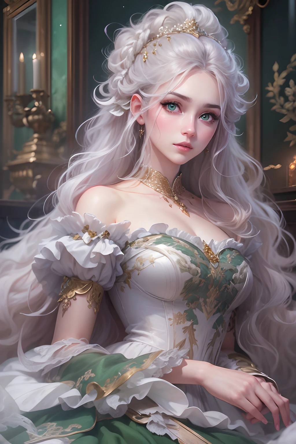 High quality, highly detailed CG unity 8k wallpaper beautiful girl, green eyes, oil painting, fantasy rococo gown, long white hair, dreamy, fluff, cloud