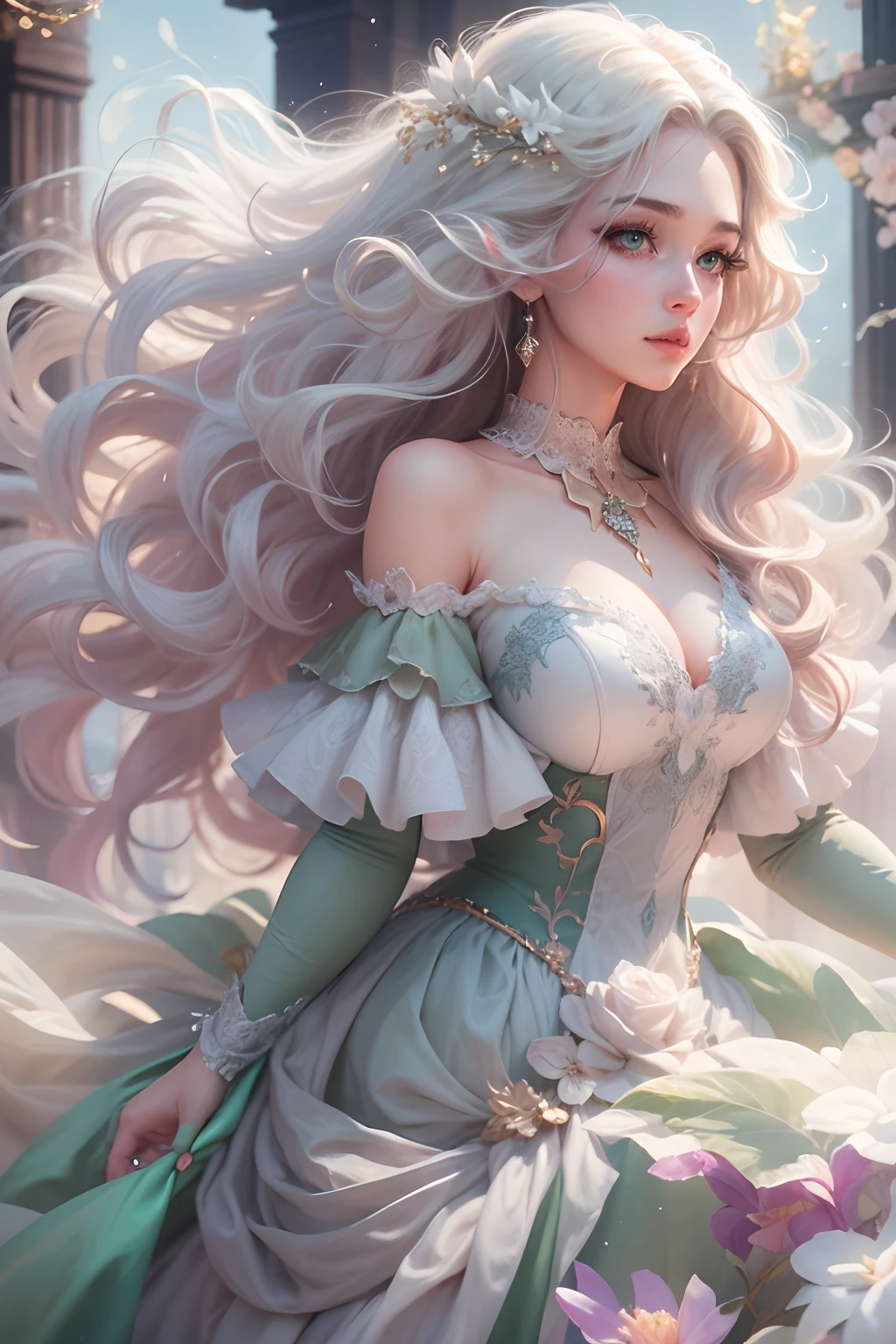 High quality, highly detailed CG unity 8k wallpaper beautiful girl, green eyes, oil painting, fantasy rococo gown, long white hair, dreamy, fluff, cloud