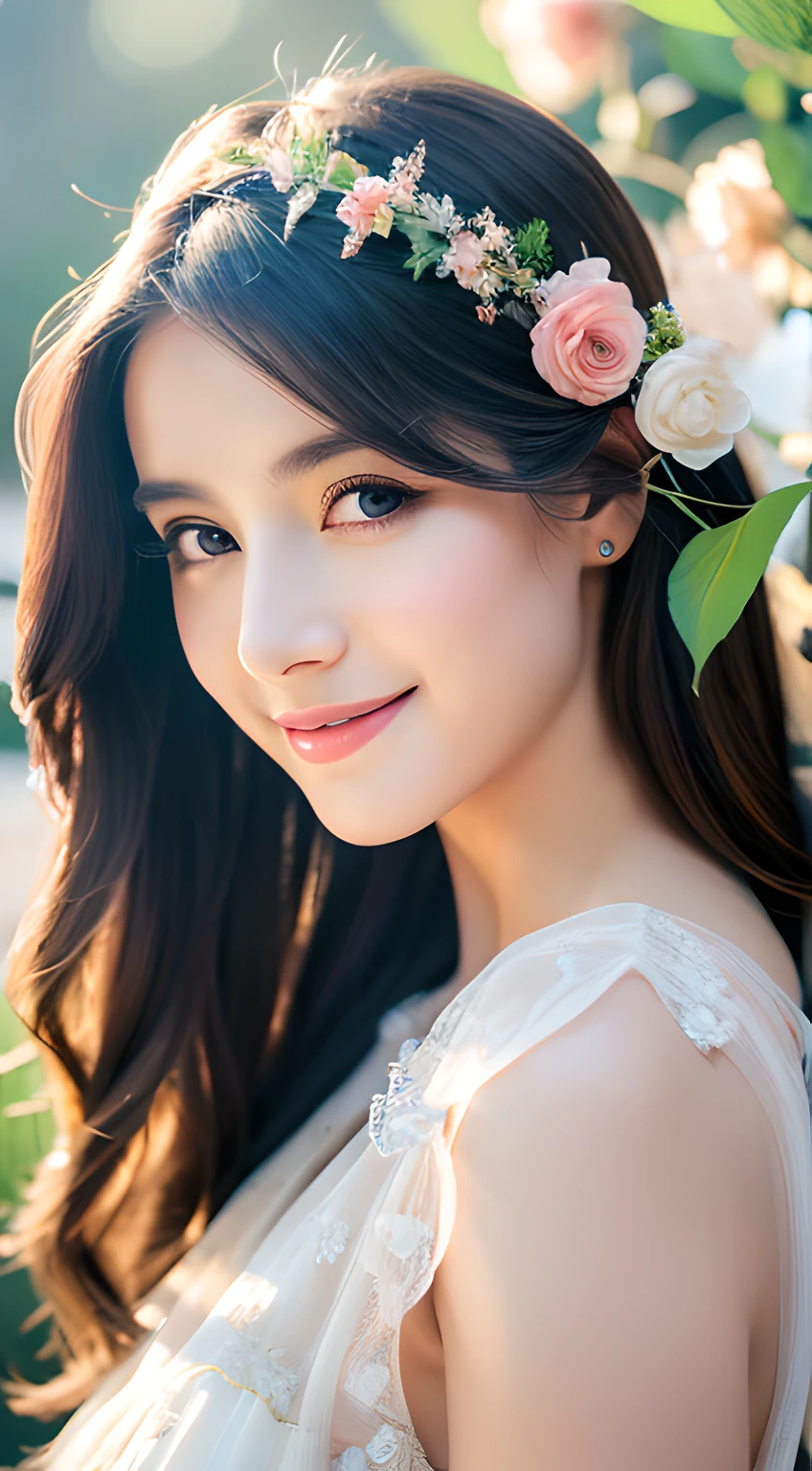 (best quality,8k,masterpiece:1.2),ultra resolution,watercolor,1 beautiful woman,shoulder,ribbon,half body portrait,sunlight,soft colors,subtle lighting,long hair,flower crown,elegant dress,peaceful expression,dreamy atmosphere,nature background,delicate details,graceful pose,sublime beauty,luminous skin,ethereal vibe,serene ambiance,majestic presence,gentle breeze,sublime composition,subdued tones,harmonious palette,intricate brushwork,vibrant highlights,masterful technique,resplendent glow,artistic interpretation,expressive eyes,feminine charm,radiant smile,captivating gaze,gentle lighting