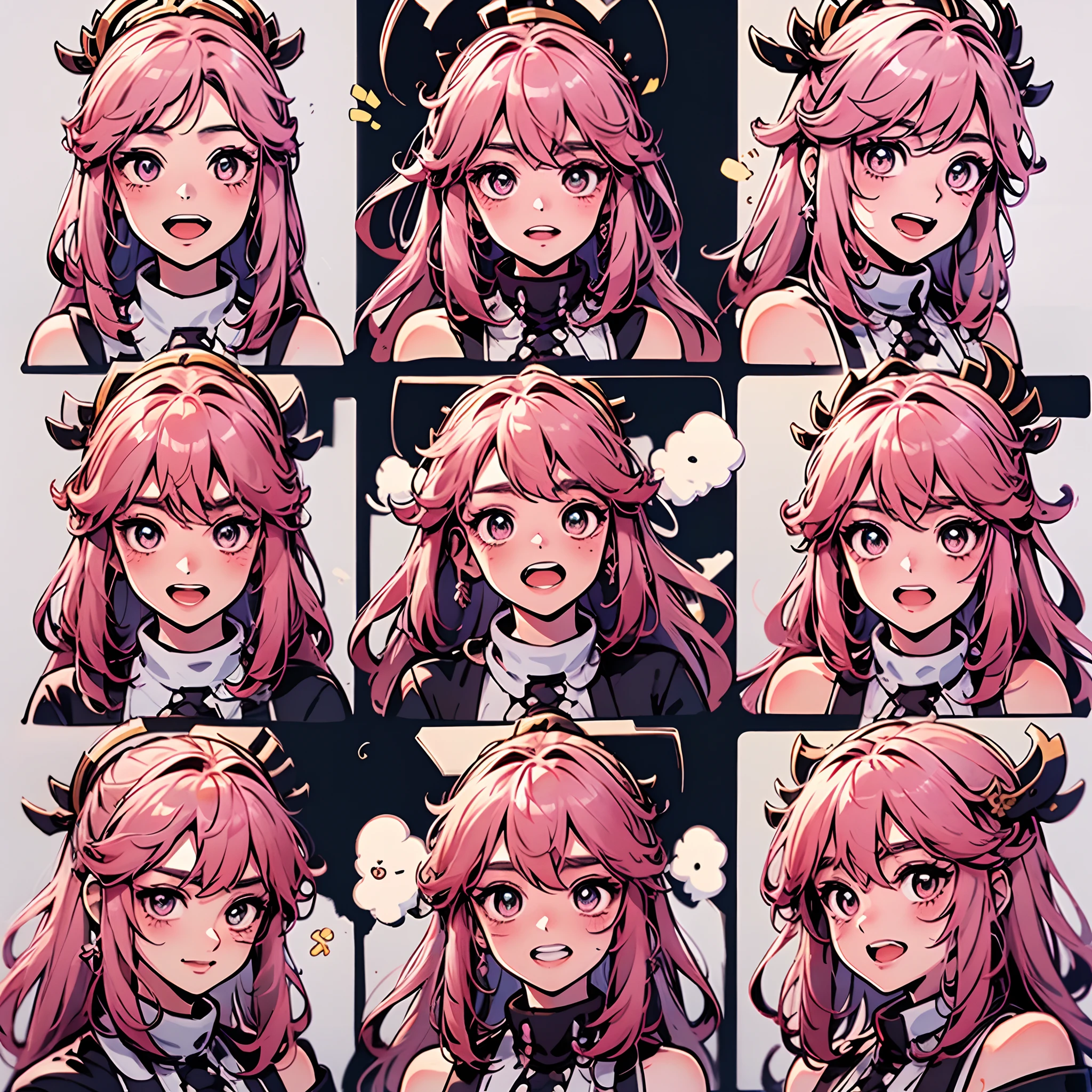 1girll, (miko_the original god，A pink-haired，beautidful eyes)，9 grids，3*3 grids，9 emoji packs，9 poses and expressions，Disney cartoon style，Black strokes，Different emotions，8K