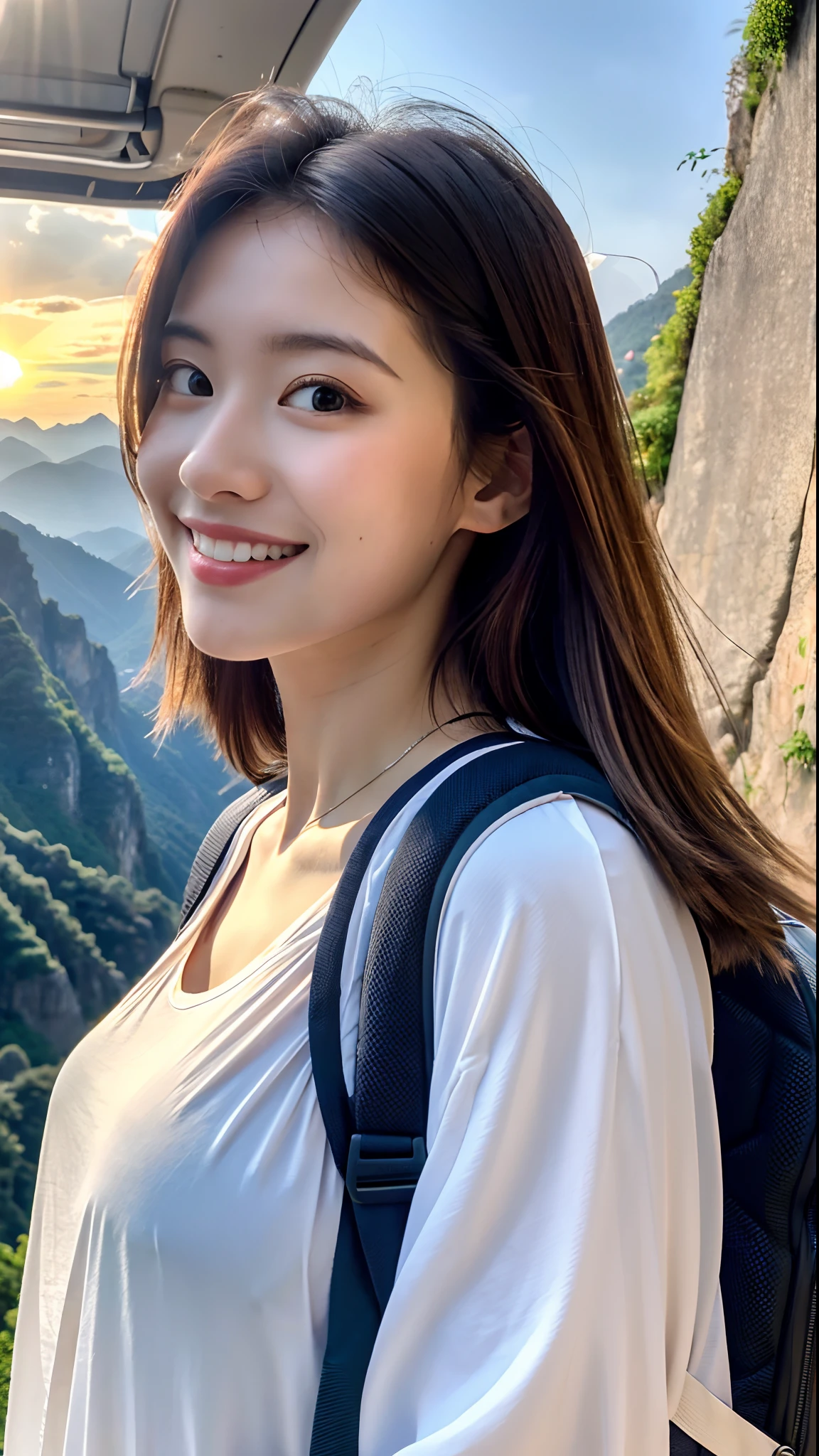(Natural Landscape Photography), (Best Quality), masutepiece:1.2, 超A high resolution, (Magnificent mountain, sea of clouds), (At very high mountain peaks), (Beautiful sunset), (Wide angle shot),  (Show cleavage:0.8),
(1girl in), (fully body photo:1.3), (18year old), (Smile:0.9), (Shiny skin), (Semi-long chignon hair, dark brown hair), 
(Loose white shirt, Parachute pants), (Carrying a large backpack), (Shots from close range),On the way to the climb
(hyperdetailed face), (Hyperdetailed muscles), (Ultra-detailed nose), (Ultra detailed mouth), (Ultra detailed arms), (ultra detailed body), Front Pan Focus,