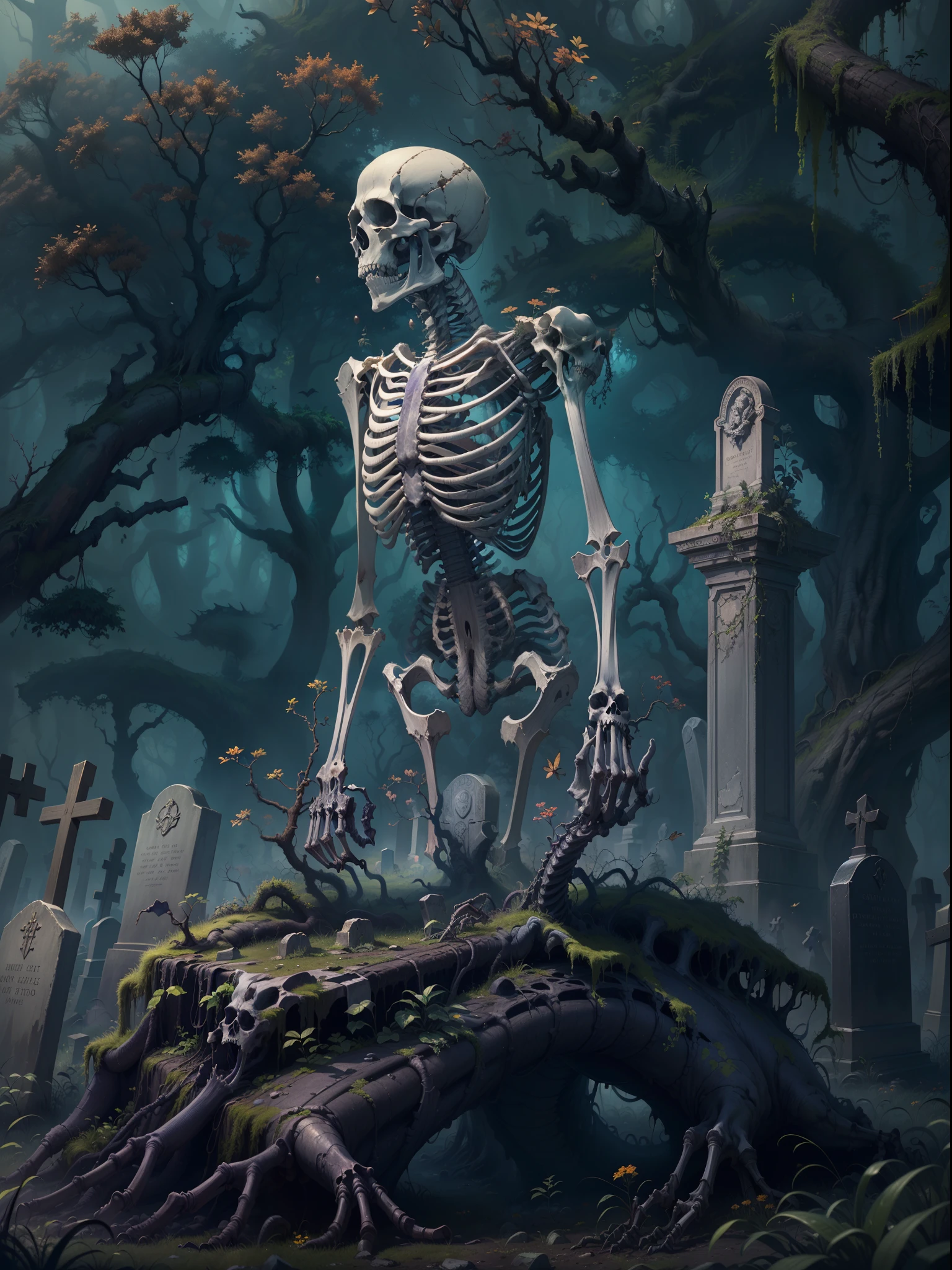 (Best quality,4K,A high resolution,Masterpiece:1.2),fantasy horror art,Huge skeleton in the cemetery,,an overgrown,dense fog,