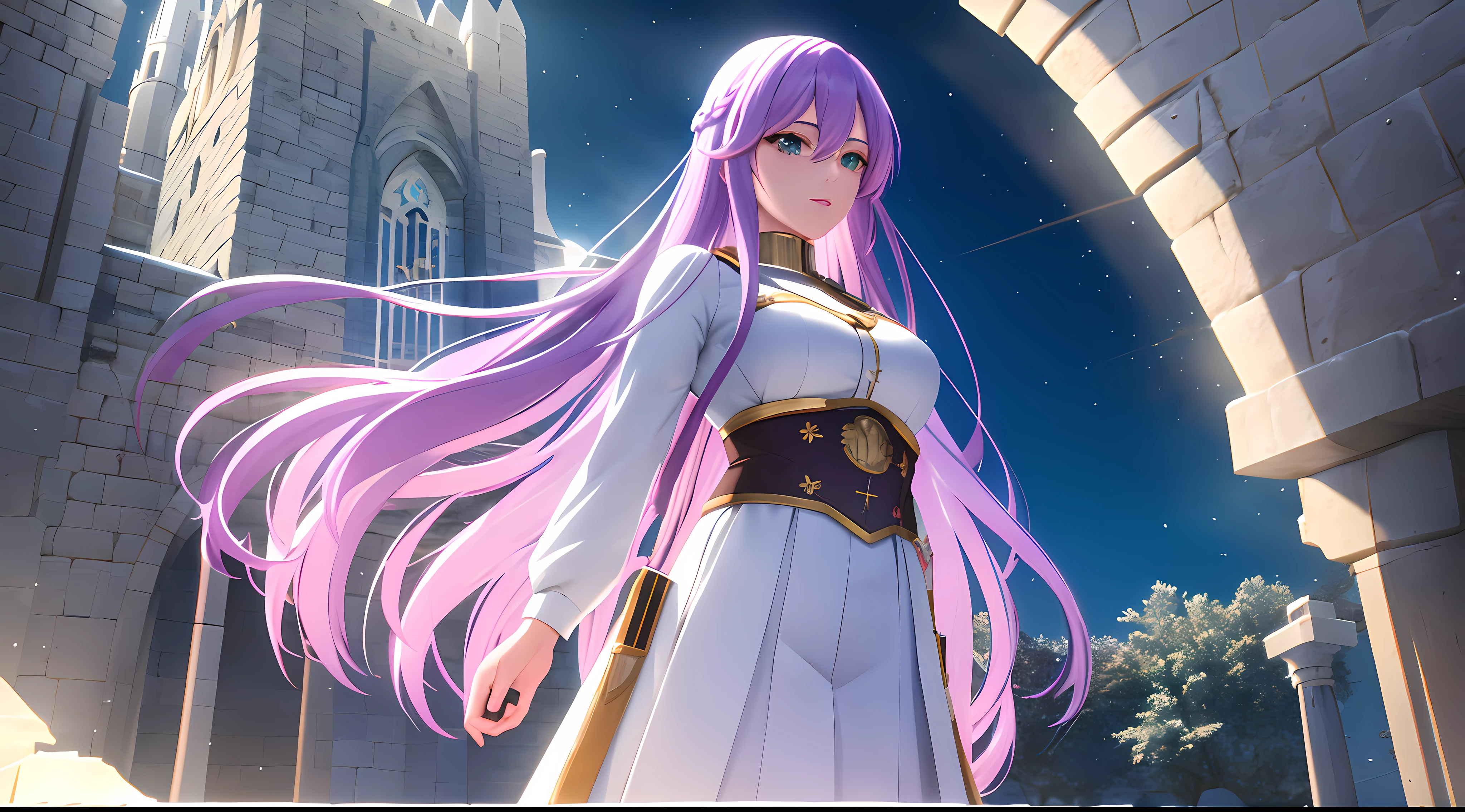Athena with plain long light purple hair,hair between eyes,green eyes,rosy cheeks,full lips,thin eyebrows,slender body,wearing winter coat and full long skirt,cute anime girl,full body,medieval castle in background,anime style,Lumen Reflections,Screen Space Reflections,Diffraction Grading,Chromatic Aberration,GB Displacement,Scan Lines,Ray Traced,Anti-Aliasing,FXAA,TXAA,RTX,SSAO,Shaders,OpenGL-Shaders, GLSL-Shaders,Post Processing,Post-Production,cell Shading,Tone Mapping,CGI,VFX,SFX,insanely detailed and intricate, 4K,standing, solo, masterpiece, best quality, detailed face, detailed eyes, highres, standing, solo,masterpiece, best quality