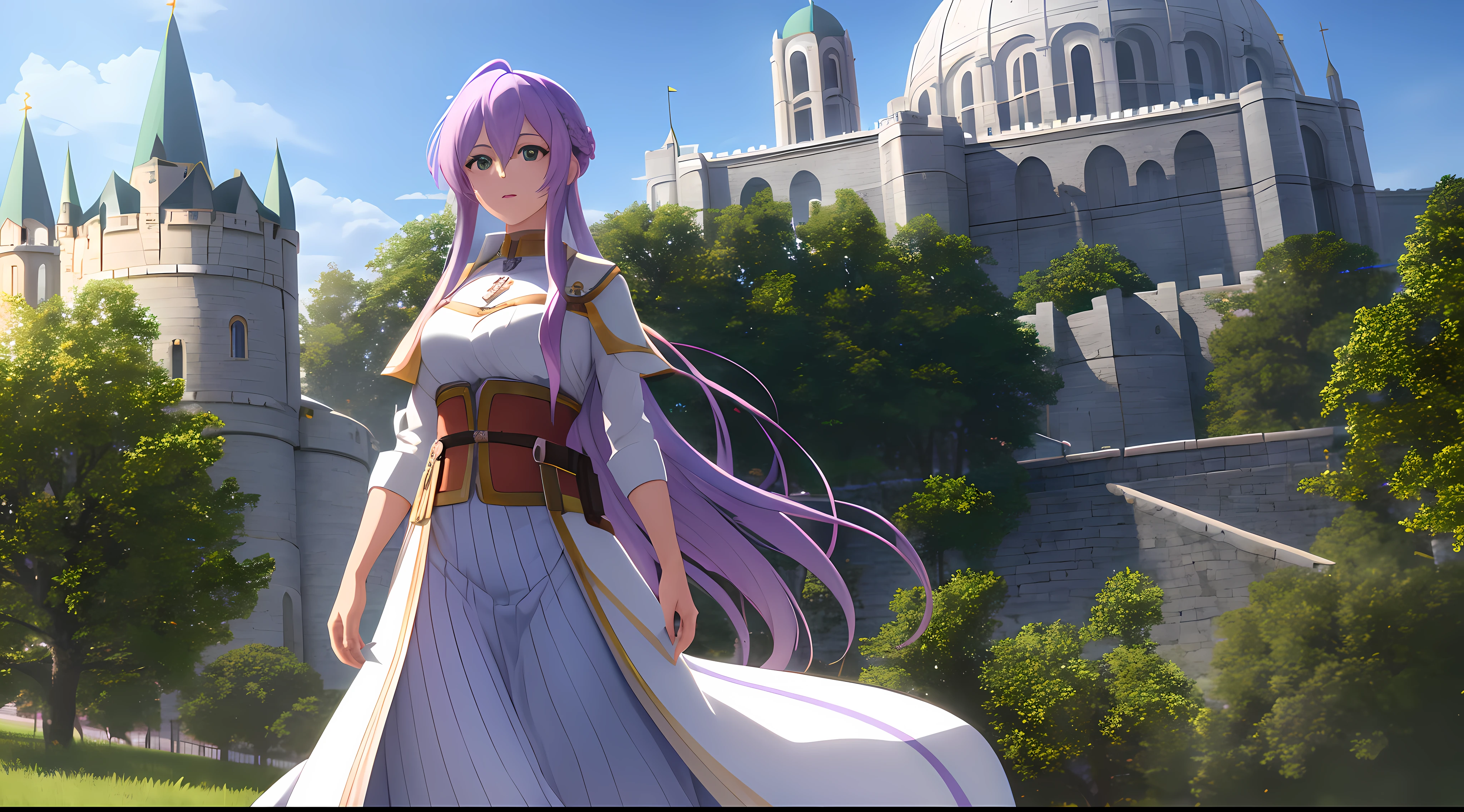 Athena with plain long light purple hair,hair between eyes,green eyes,rosy cheeks,full lips,thin eyebrows,slender body,wearing winter coat and full long skirt,cute anime girl,full body,medieval castle in background,anime style,Lumen Reflections,Screen Space Reflections,Diffraction Grading,Chromatic Aberration,GB Displacement,Scan Lines,Ray Traced,Anti-Aliasing,FXAA,TXAA,RTX,SSAO,Shaders,OpenGL-Shaders, GLSL-Shaders,Post Processing,Post-Production,cell Shading,Tone Mapping,CGI,VFX,SFX,insanely detailed and intricate, 4K,standing, solo, masterpiece, best quality, detailed face, detailed eyes, highres, standing, solo,masterpiece, best quality