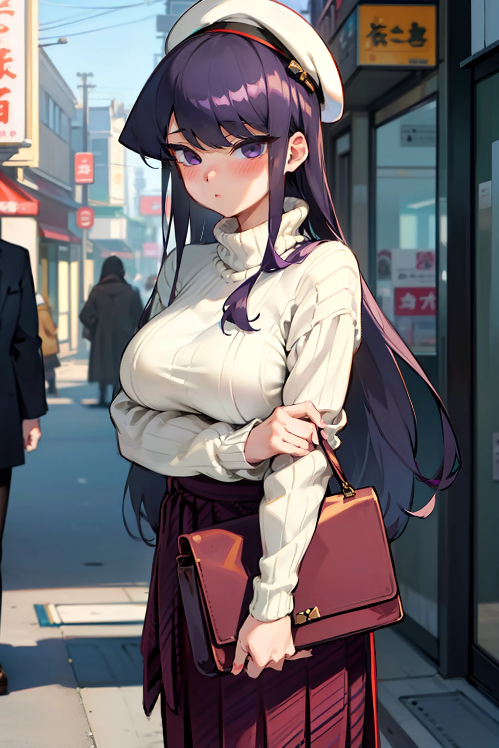 (komishuuko),beautiful,masterpiece, best quality, extremely detailed face,big breasts,looking at viewer, 1 girl, shy, blush, dark purple hair, ((long hair)), standing, japan street, beret, turtleneck sweater, long skirt, purse