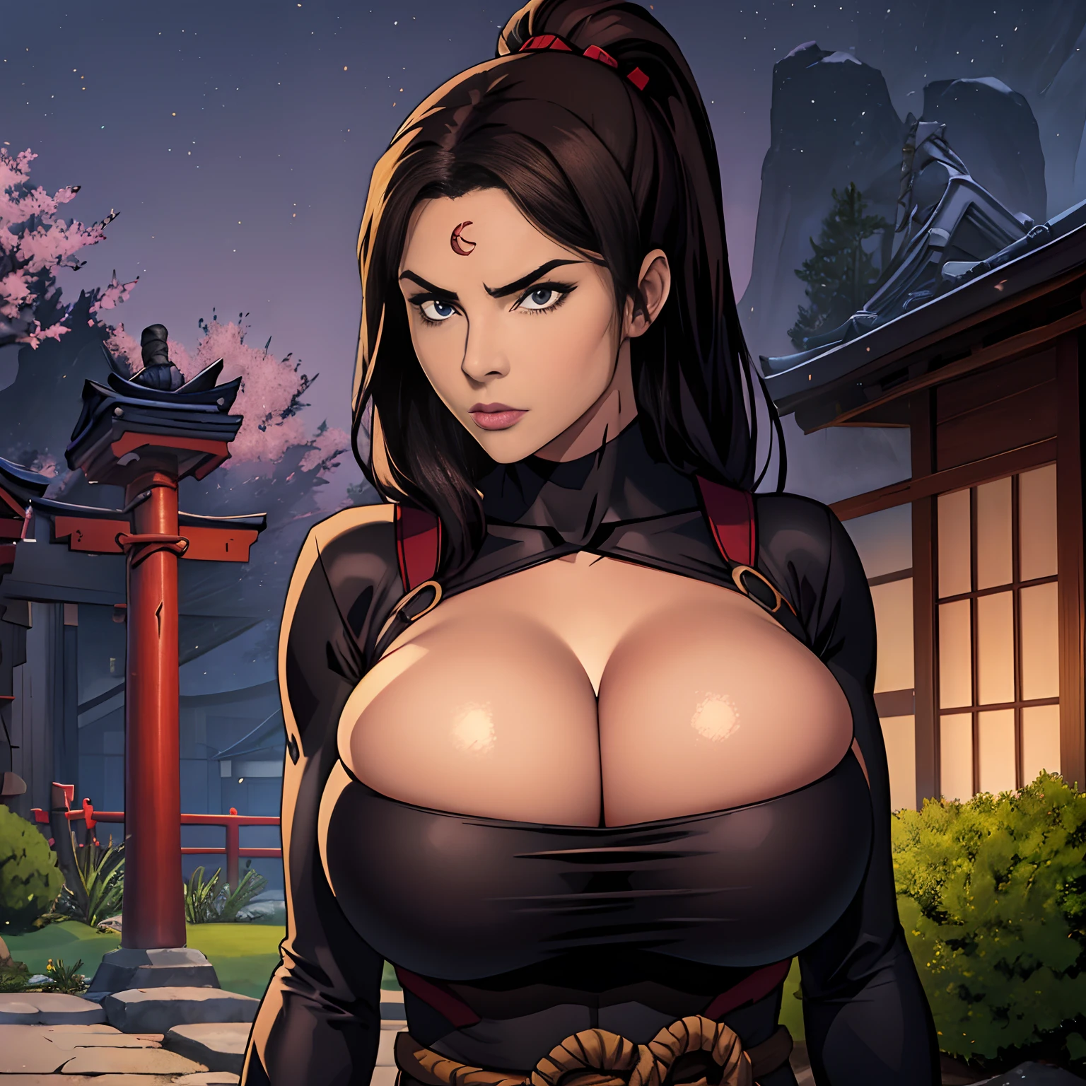 masterpiece, top quality, best quality, official art, beautiful and aesthetic:1.2), (1girl:1.3), dark brown hair in a topknot, extremely detailed, portrait, looking at viewer, solo, (full body:0.6), detailed background, close up, (warm summer nighttime Feudal Japan theme:1.1), ninja, charlatan, mysterious, sneaking in a garden, black mask, black head covering, revealing ninja attire, black ninja tunic, assassin, black wrappings, katana, kusari-gama, metal, black leather, breeches, leggings, loose pants, bracers, armor, gauntlets, ninja shoes, buckles, straps, ((((gigantic breasts, cleavage, skindentation)))), slim waist, slim hips, long legs, moonlight, Feudal Japan (Japanese garden exterior:1.1) background, dark mysterious lighting, shadows, magical atmosphere, dutch angle,