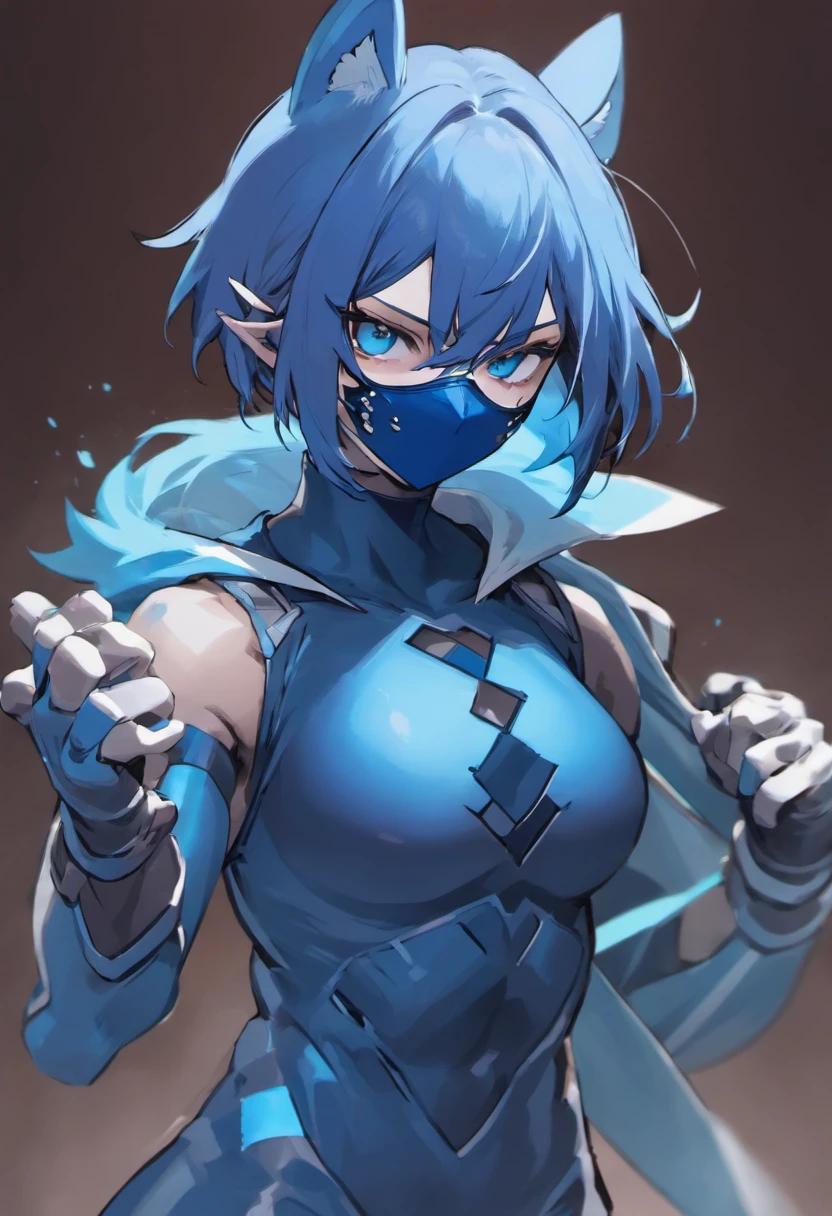 Closeup photograph, of a genderless character with a mask that is light blue, and with full blue clothes