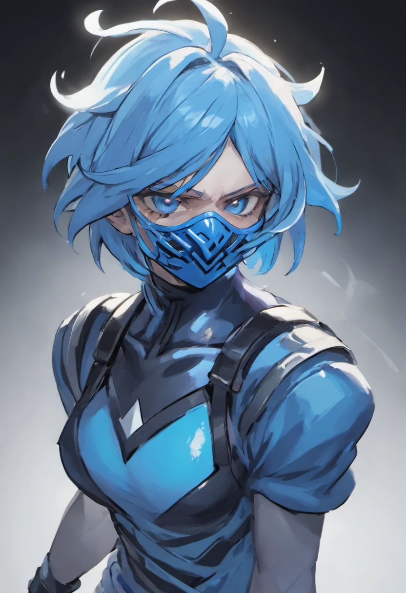 Closeup photograph, of a genderless character with a mask that is light blue, and with full blue clothes