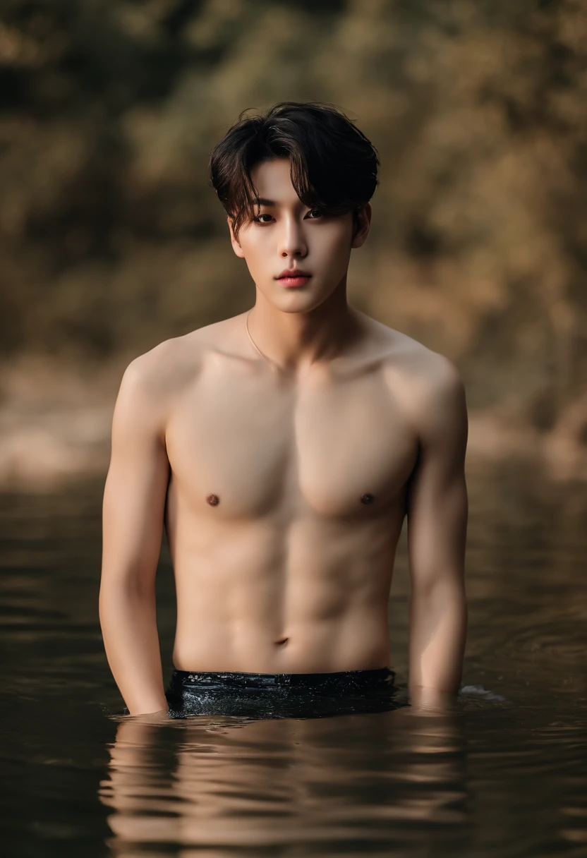 Jungkook naked body, real anatomy, nice , full naked body, bath in the lake, with beautiful view, wet body, naked torso, (best quality, masterpiece), 1boy, handsome, kpop idol, intricate details, handsome detailed face, completely naked,natural skin glow, highly detailed glossy eyes