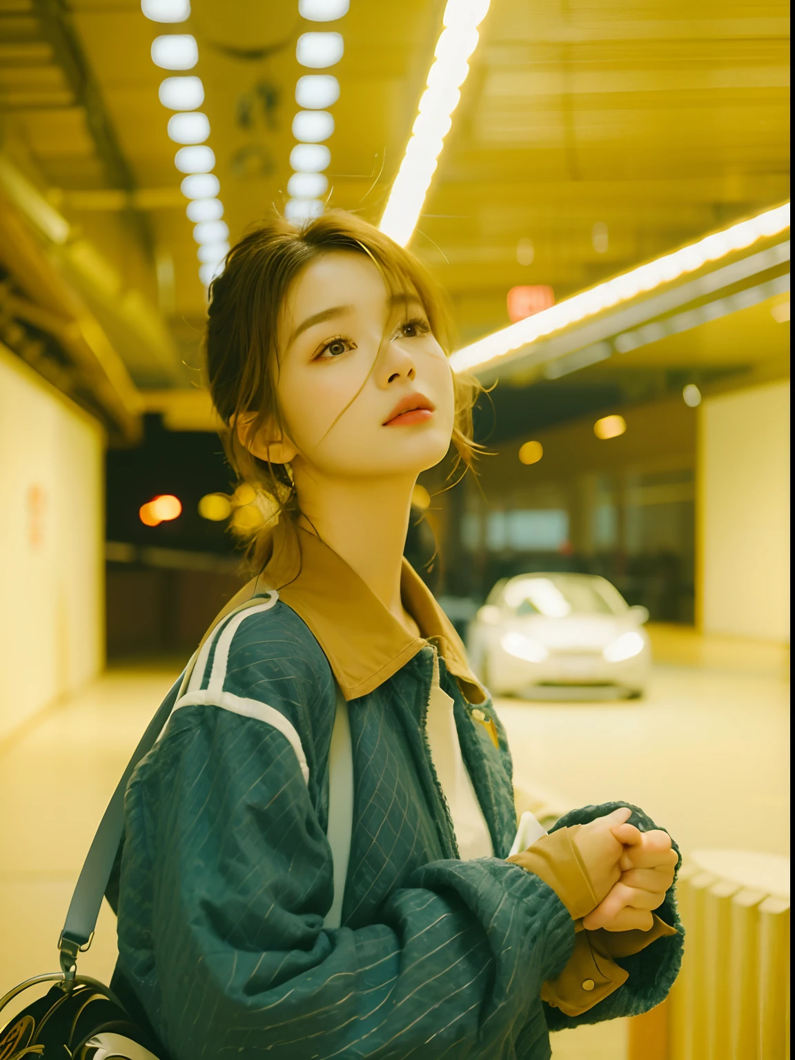 There was a woman in a brown jacket and a blue shirt, Soft portrait shot 8 K, bae suzy, Choi Hyun-hwa, close-up portrait film still, iu lee ji-eun as a super villain, close - up portrait shot, chiho, mid shot portrait, a close up portrait photo, lofi portrait, portrait soft low light,sideface,good eyes,Good nose,