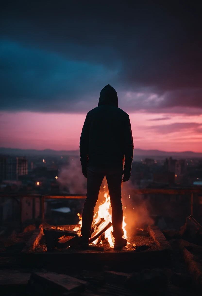 tmasterpiece, hiquality, absurdress, guy, Dark hair, Detailed eyes and face, Cyan eyes, beatiful face, black hoodie, Burning city ruins, An abandoned suburban town, Meteor shower, in night, Winged metal figure in the sky