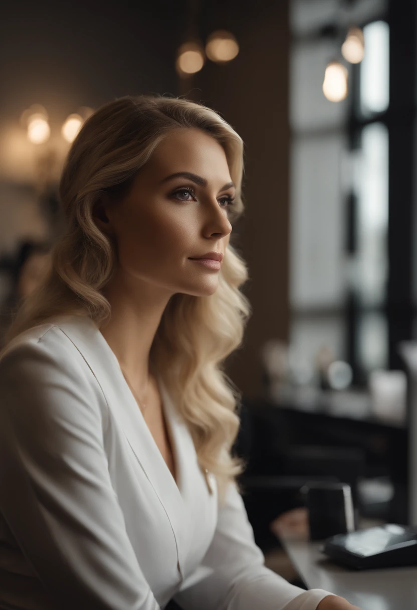 a beautiful woman in the cosmetologist's office, professional, (4k photo:1.1), high detail, wearing black business dress, beautiful detailed face, hazel eyes, not too long blonde hair, body shape, office board room with desk, windows