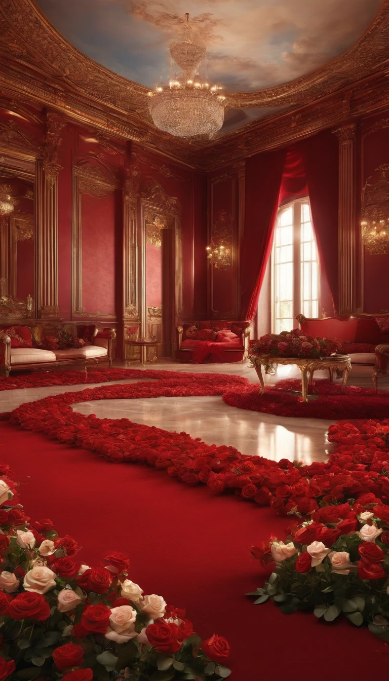 (Best quality, 32K resolution, High-res, Ultra-detailed, Photorealistic), illusory engine, A magnificent room,The floor is covered with a large number of flowers, romantic motifs, Portal for rose making, MajesticBackdrops, floral environment, Beautiful scenery, Flower beds on the floor, wallpaper aesthetic, Hyper-realistic rendering, Exquisite composition, Breathtaking wallpapers, stunning visuals, Landscape wallpaper aesthetics, Red background, elegant backdrop, red reflections, C4D render, top notch quality, RAW photo"