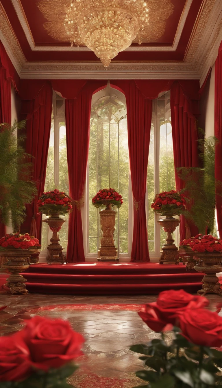 (Best quality, 32K resolution, High-res, Ultra-detailed, Photorealistic), illusory engine, A magnificent room,The floor is covered with a large number of flowers, romantic motifs, Portal for rose making, MajesticBackdrops, floral environment, Beautiful scenery, Flower beds on the floor, wallpaper aesthetic, Hyper-realistic rendering, Exquisite composition, Breathtaking wallpapers, stunning visuals, Landscape wallpaper aesthetics, Red background, elegant backdrop, red reflections, C4D render, top notch quality, RAW photo"