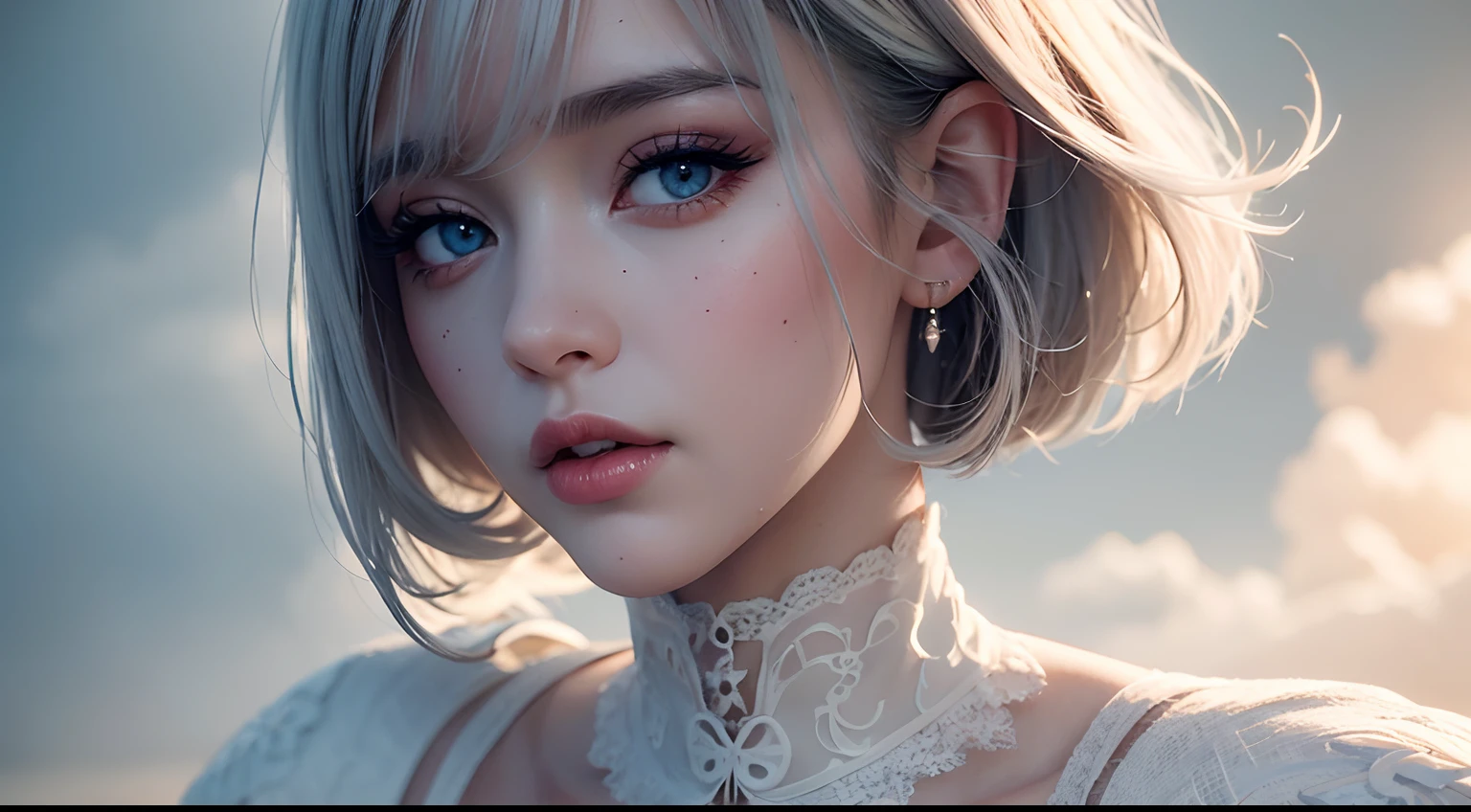 8K high-definition,realistic visual effects,attractive beautiful,clouds,White clouds fill the sky,Gentle lighting,Delicate warmth,the soft light,hyper HD, Extremely colorful,best qualityer,perfect female shape,HighDynamicRange,long eyelasher,Unbeatable masterpiece,Snow-whiteskin,putting makeup on, Sexy goddess,Strange sky,A pair of big eyes are beautiful and moving,White skin,Makeup,Sexy outfit,,Sexy goddess,Sexy outfit,Wear white lace,With silver,Snowy