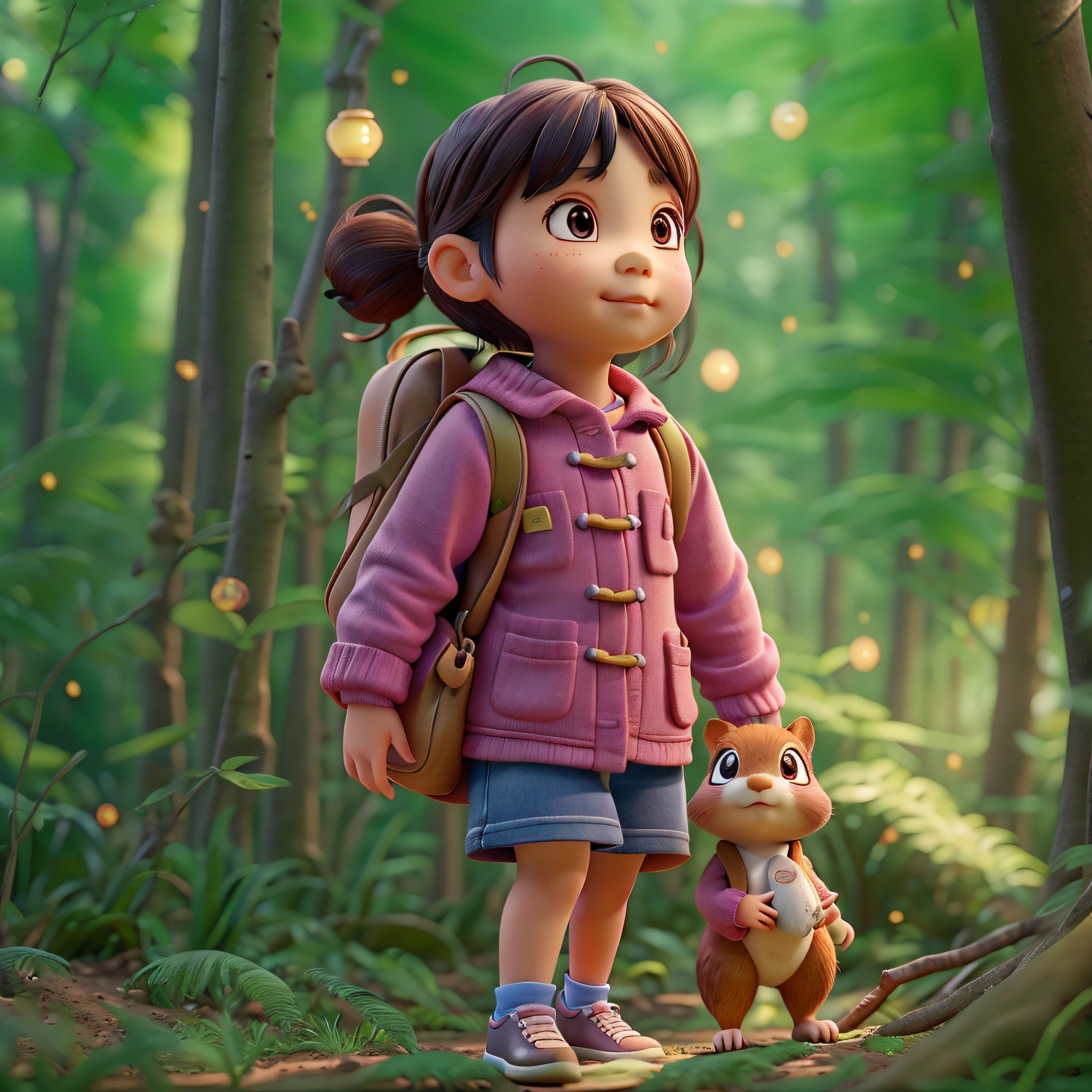 (Pixar style),Five-year-old Chinese girl with a little squirrel,In the early morning forest,Carrying a large backpack,Miniature character model, Light source from right to left, Rum lighting, Light source from right to left, (iso-distance view), (Top down), Realistic proportions, Post-processing, ((Orthogonal perspective)), Super detail, Realistic, Super realistic, photoreal render, Irridescent color, glitters