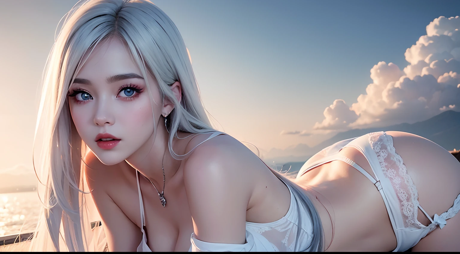 8K high-definition,realistic visual effects,attractive beautiful,clouds,White clouds fill the sky,Gentle lighting,Delicate warmth,the soft light,hyper HD, Extremely colorful,best qualityer,perfect female shape,HighDynamicRange,long eyelasher,Unbeatable masterpiece,Snow-whiteskin,putting makeup on, Sexy goddess,Strange sky,A pair of big eyes are beautiful and moving,White skin,Makeup,Sexy outfit,,Sexy goddess,Sexy outfit,Wear white lace,With silver,Snowy