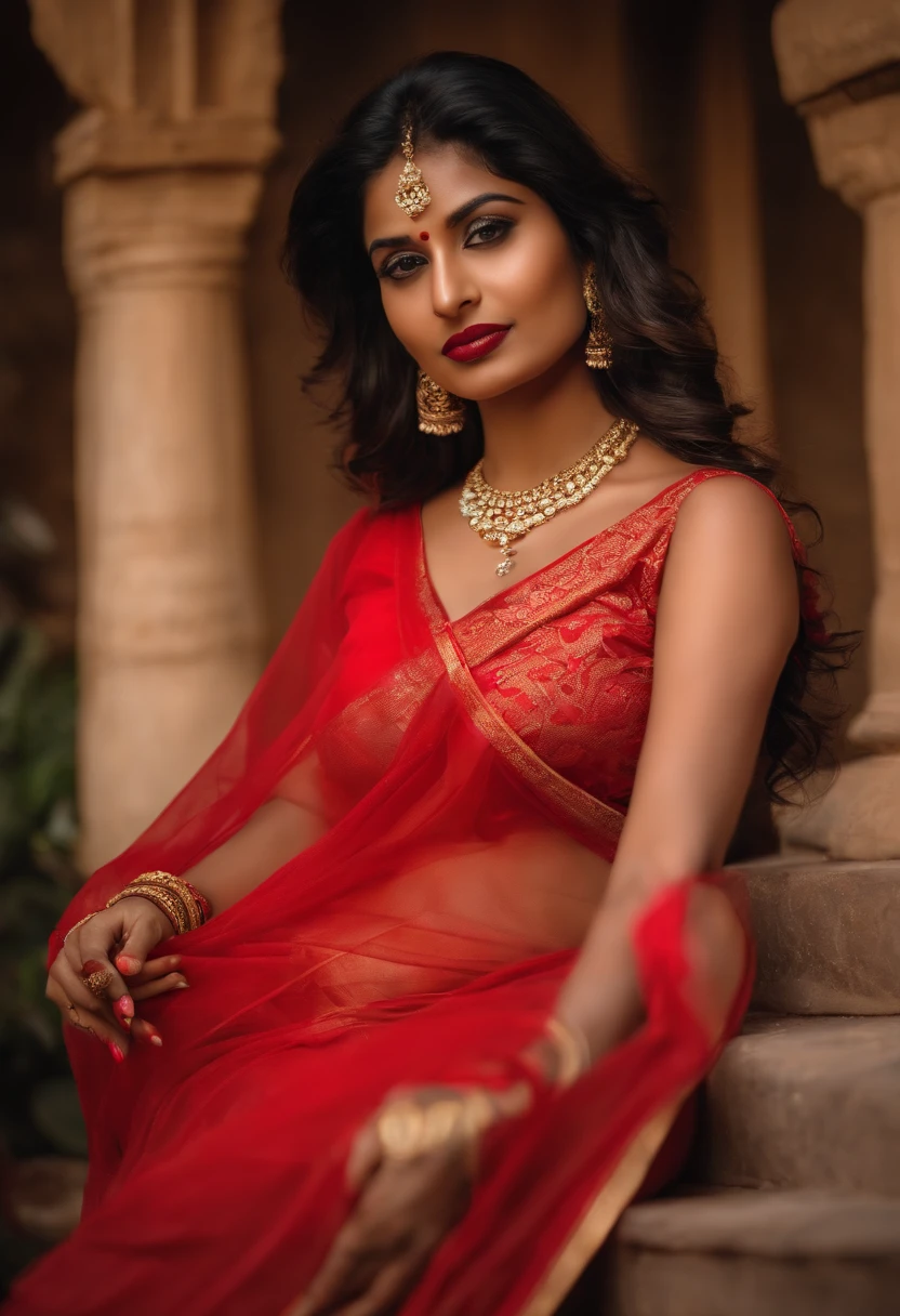 sexy indian girl wearing a red see through sari  no under blouse large breast  red lipstick smoking with her legs spread showing ass siting on kness