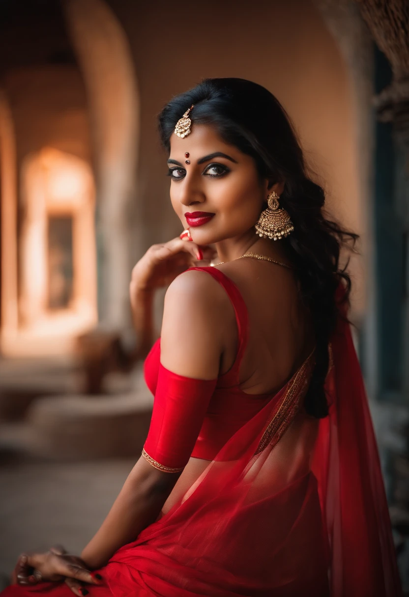 sexy indian girl wearing a red see through sari no under blouse large breast red lipstick smoking with her legs spread showing ass siting on kness