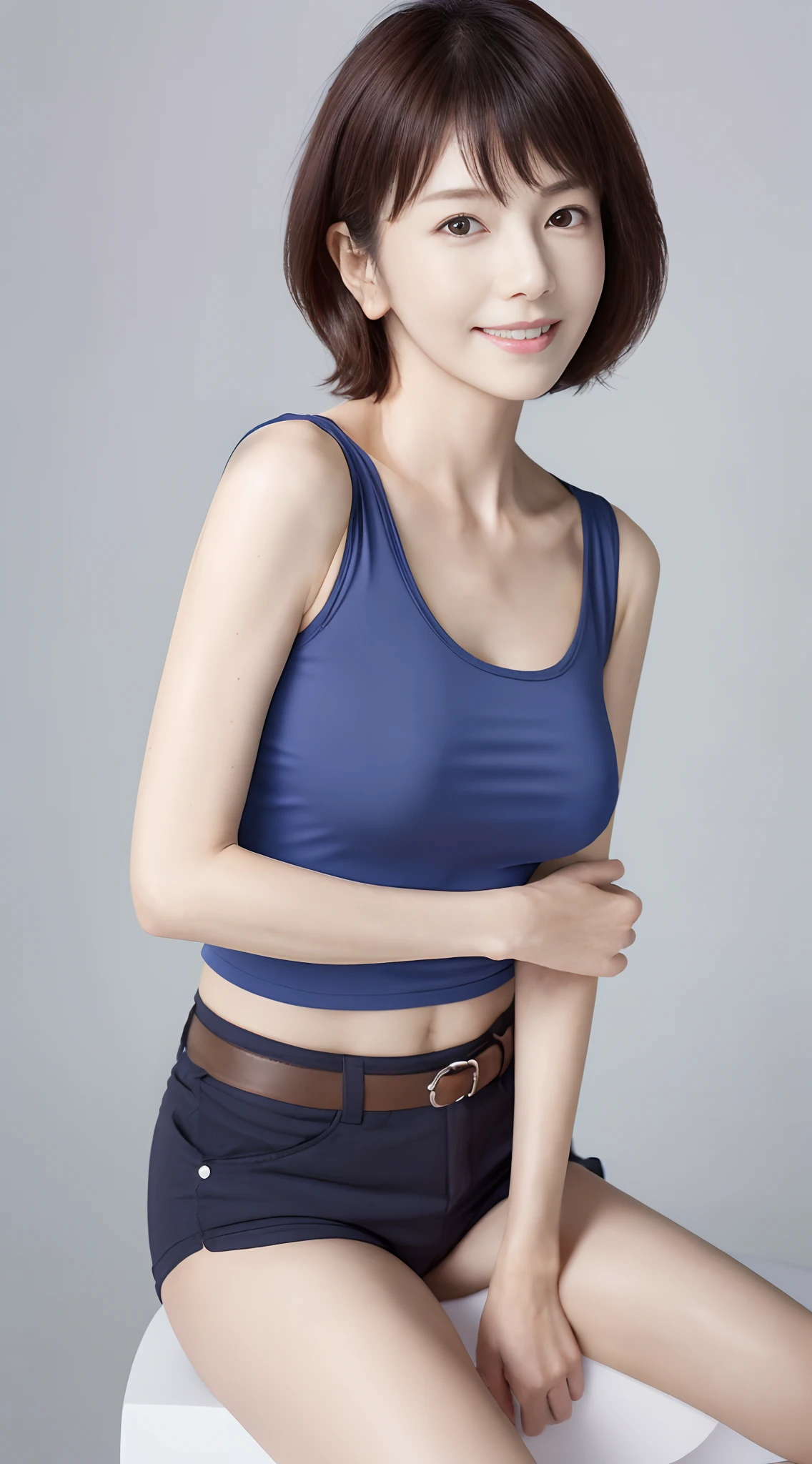 japanes、1人の女性、57 years old、Mature、Shorthair、brown haired、Eye color is black、Wrinkles in the eyes、(with nasolabial fold)、thin lipss、Smiling、​masterpiece、Full body portrait、(wearing white t-shirts)、(Wearing a tight t-shirt)、(Wearing tight sportswear)、(Wearing bloomers)、(Wearing dark blue bloomers)、(Dark blue shorts)、(Clothes are tight to the body)、Body lines are revealed、small tits、Slim waist、big butts、Attractive woman、photos realistic、Digital SLR、Detailed skin、A detailed face、(Anatomically correct structure of the human body)、surrealistic、Camera Pose、Pro model、DSLR photoshoot、A MILF