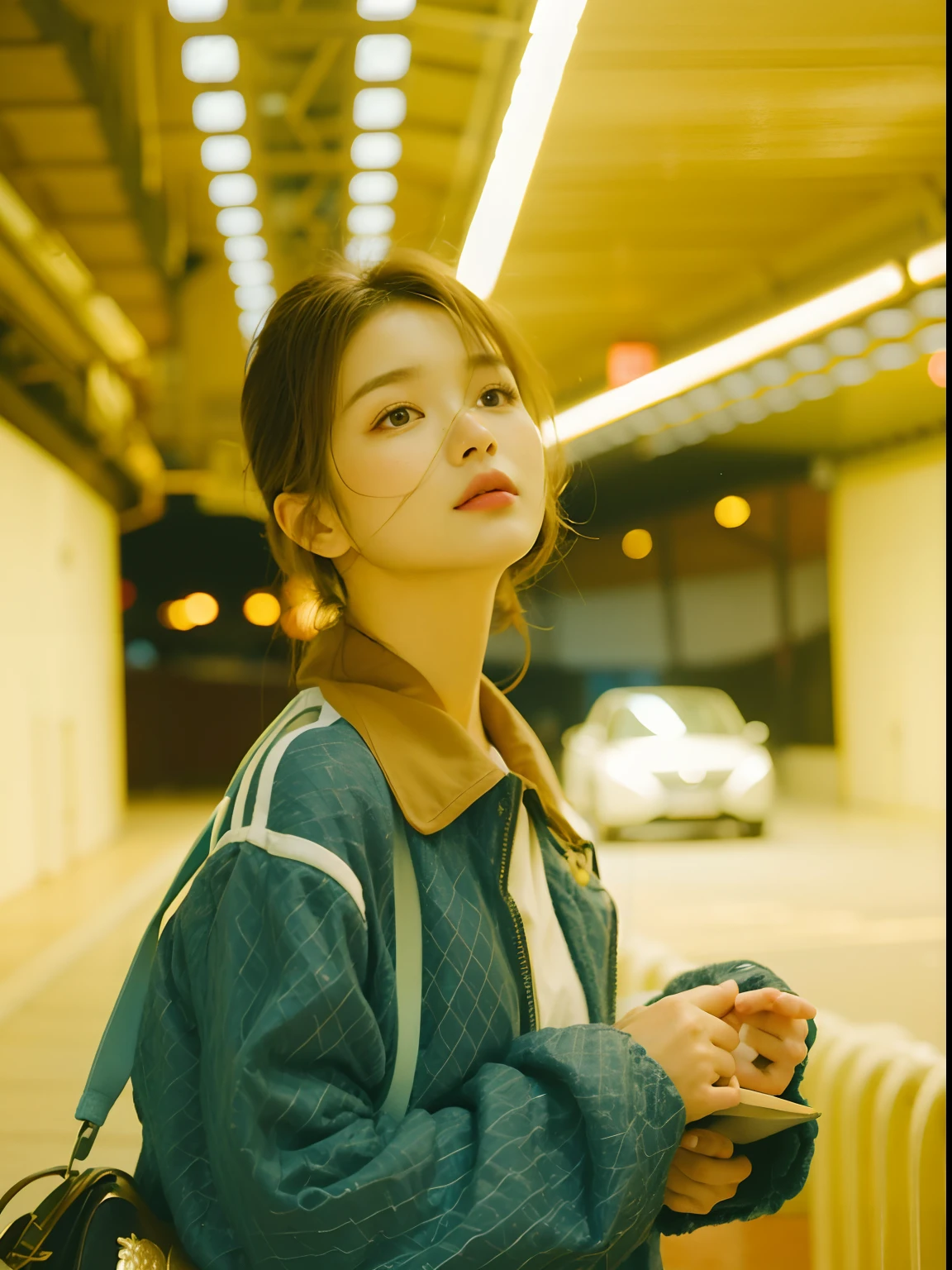 There was a woman in a brown jacket and a blue shirt, Soft portrait shot 8 K, bae suzy, Choi Hyun-hwa, close-up portrait film still, iu lee ji-eun as a super villain, close - up portrait shot, chiho, mid shot portrait, a close up portrait photo, lofi portrait, portrait soft low light,sideface,good eyes,Good nose,