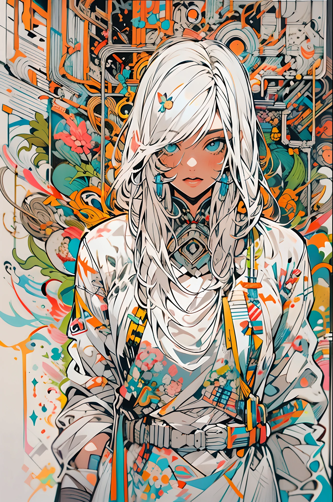 1monk warrior girl with white techwear clothes, white long hair, laces, abstract vintage scifi background, art by Moebius, art by Ashley Wood