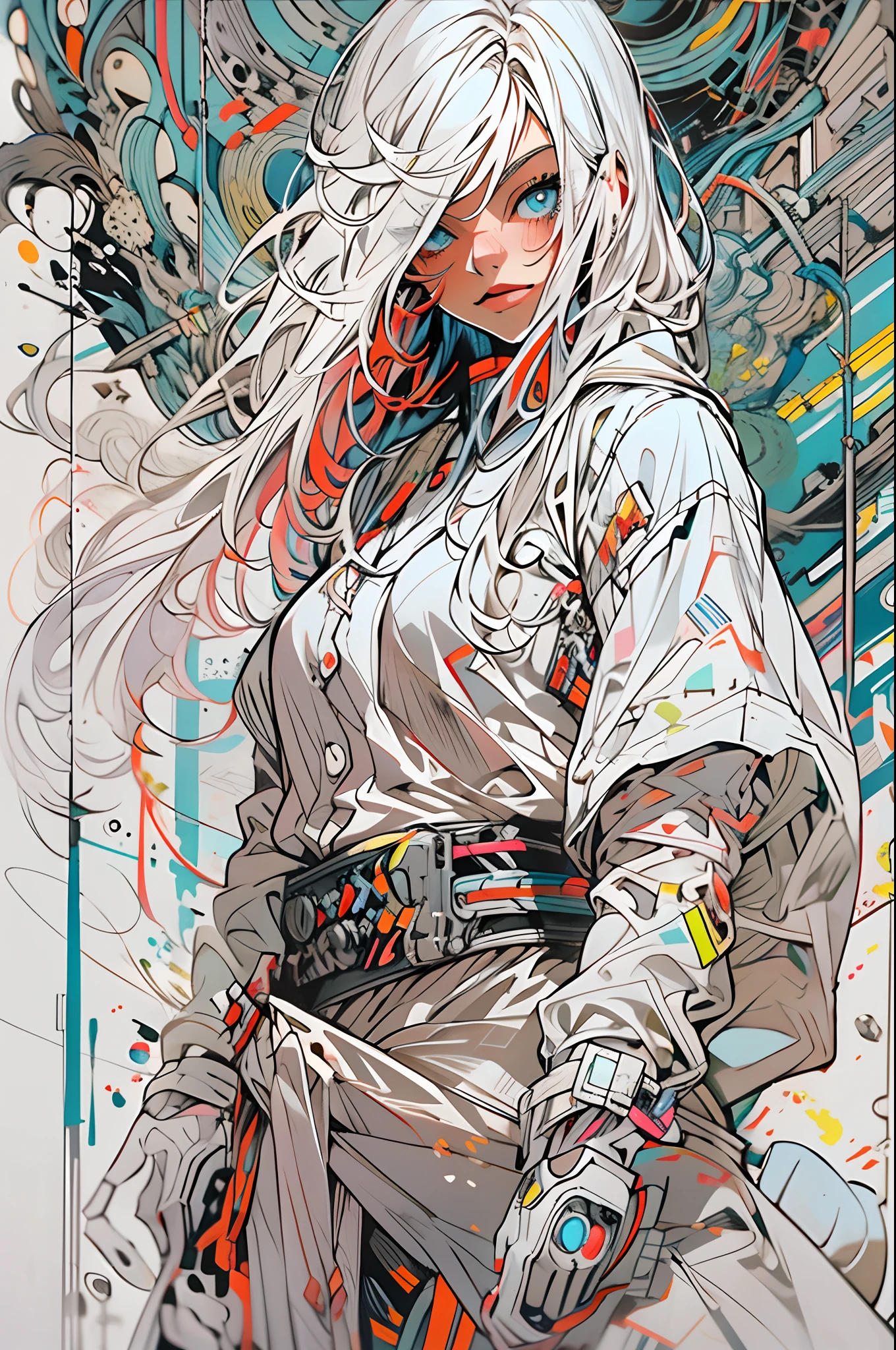 1monk warrior girl with white techwear clothes, white long hair, laces, abstract vintage scifi background, art by Moebius, art by Ashley Wood