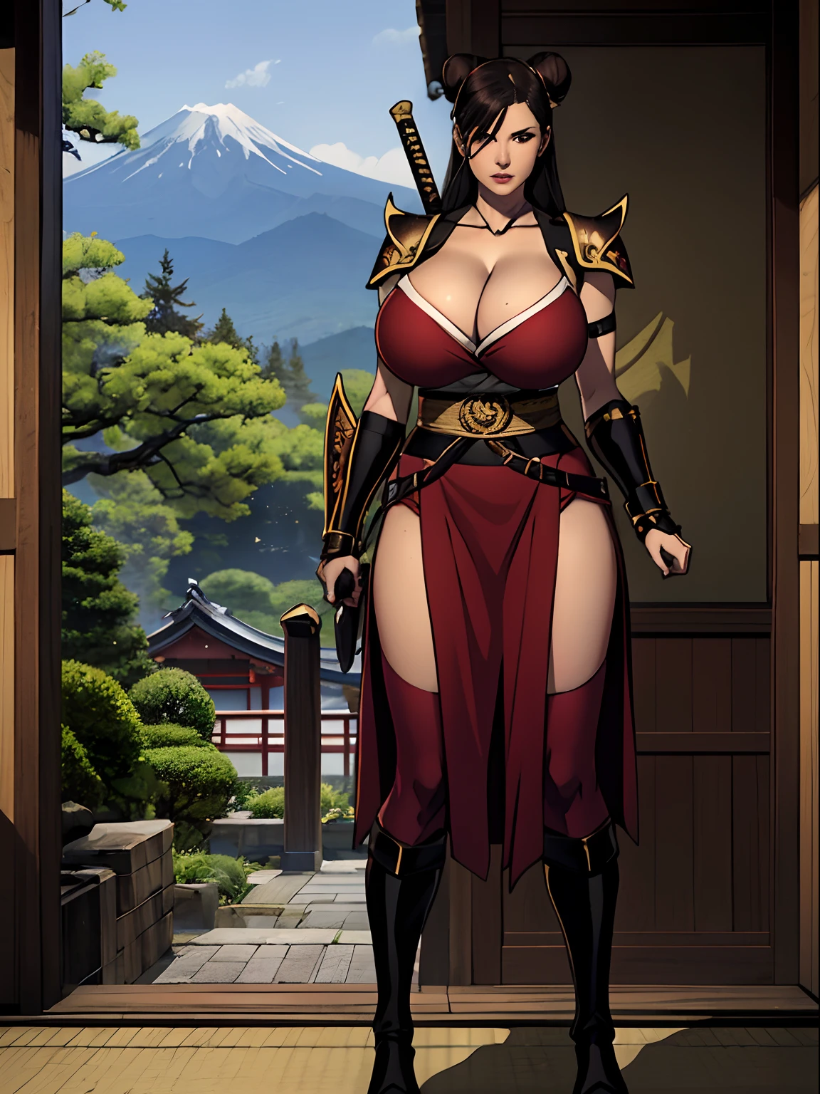 (masterpiece, top quality, best quality, official art, beautiful and aesthetic:1.2), (1girl:1.3), dark brown hair in a tight bun, extremely detailed, portrait, looking at viewer, solo, (full body:0.6), detailed background, close up, (warm summer Feudal Japan theme:1.1), samurai, charlatan, mysterious, standing in a garden, samurai armor, samurai helmet, crest, pauldrons, hip armor, breastplate, greaves, bracers, gloves, katana, banner, metal, black leather, breeches, leggings, loose pants, bracers, armor, gauntlets, boots, buckles, straps, ((((gigantic breasts)))), slim waist, slim hips, long legs, sunset, Feudal Japan, Mount Fuji, (Japanese garden exterior:1.1) background, dark mysterious lighting, shadows, magical atmosphere, dutch angle,