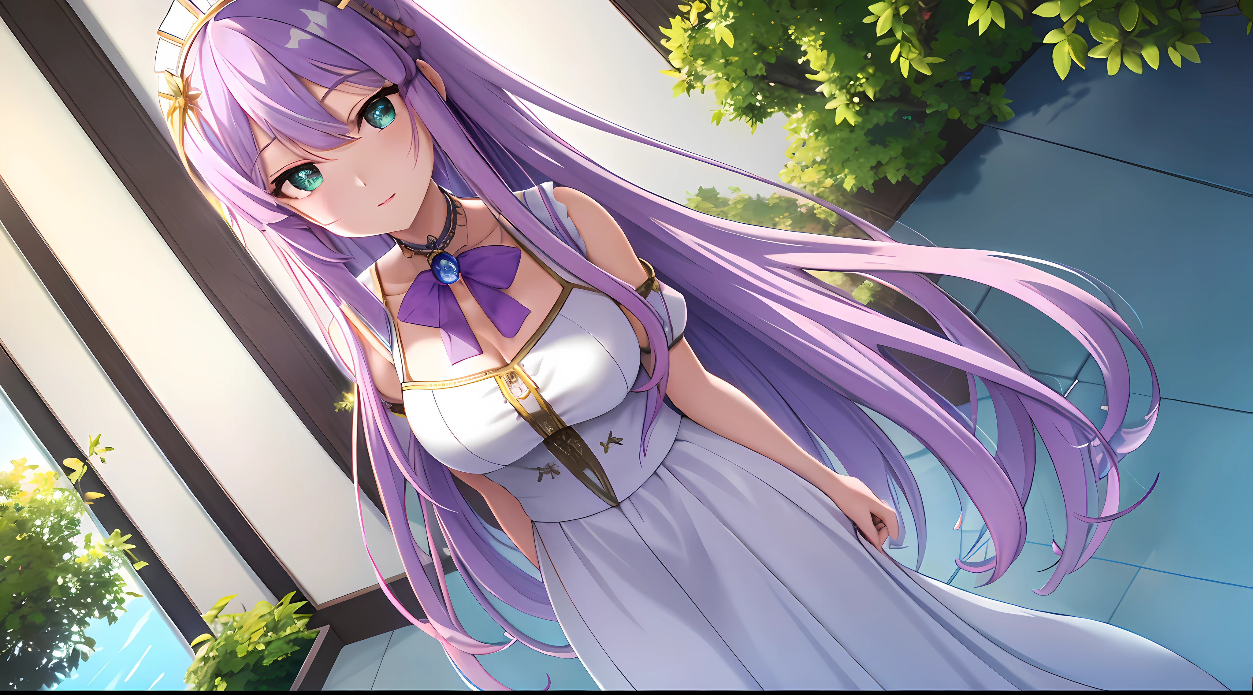 Athena with plain long light purple hair,hair between eyes,green eyes,rosy cheeks,full lips,thin eyebrows,slender body,wearing maid uniform and full long skirt,praying beads on neck,cute anime girl,full body,inside hotel in background,anime style,Lumen Reflections,Screen Space Reflections,Diffraction Grading,Chromatic Aberration,GB Displacement,Scan Lines,Ray Traced,Anti-Aliasing,FXAA,TXAA,RTX,SSAO,Shaders,OpenGL-Shaders, GLSL-Shaders,Post Processing,Post-Production,cell Shading,Tone Mapping,CGI,VFX,SFX,insanely detailed and intricate, 4K,standing, solo, masterpiece, best quality, detailed face, detailed eyes, highres, standing, solo,masterpiece, best quality