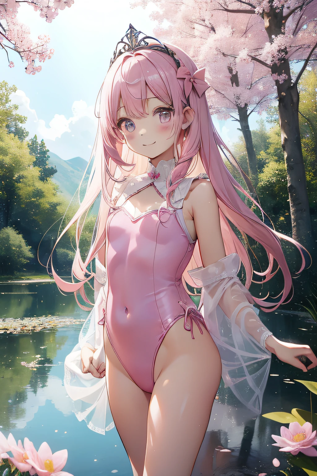 top-quality、extremely delicate and beautiful、Soio、Soio、8-year-old little girl、Italian、Lori、Chiquita、elementary student、((Pink leotard))、(highleg)dress room、、Tiara on the head、A smile、is standing、Facing the front、Pond in the background、the woods、cherry trees