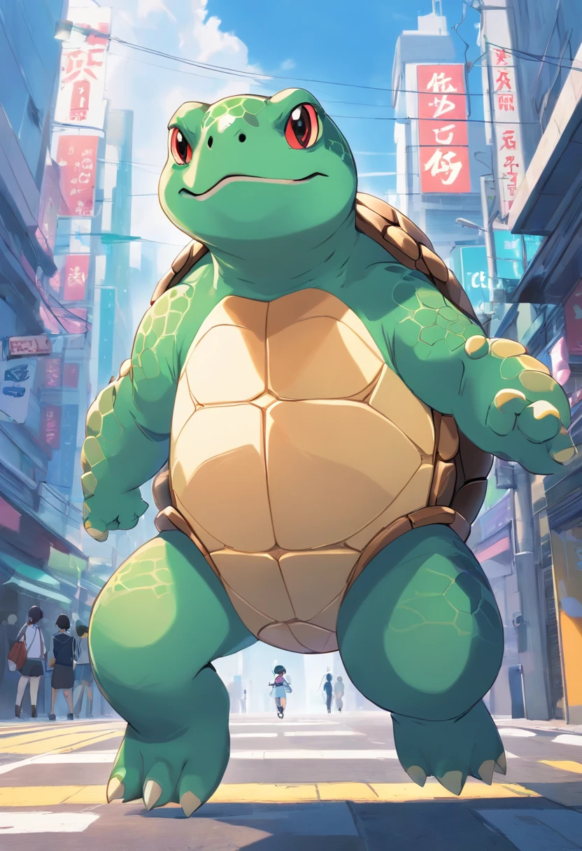 ((fotografia RAW)), ((tmasterpiece)), Anthropomorphic turtle in streetwear, caminhar entre as pessoas, Talhistas intrincadas, intrincadas figuras de Greebles, The city behind, corpo musculoso, muscular arms, small head, Ogro monstruoso, titanio, fury expression, Furioso, Fisioculturista Pose