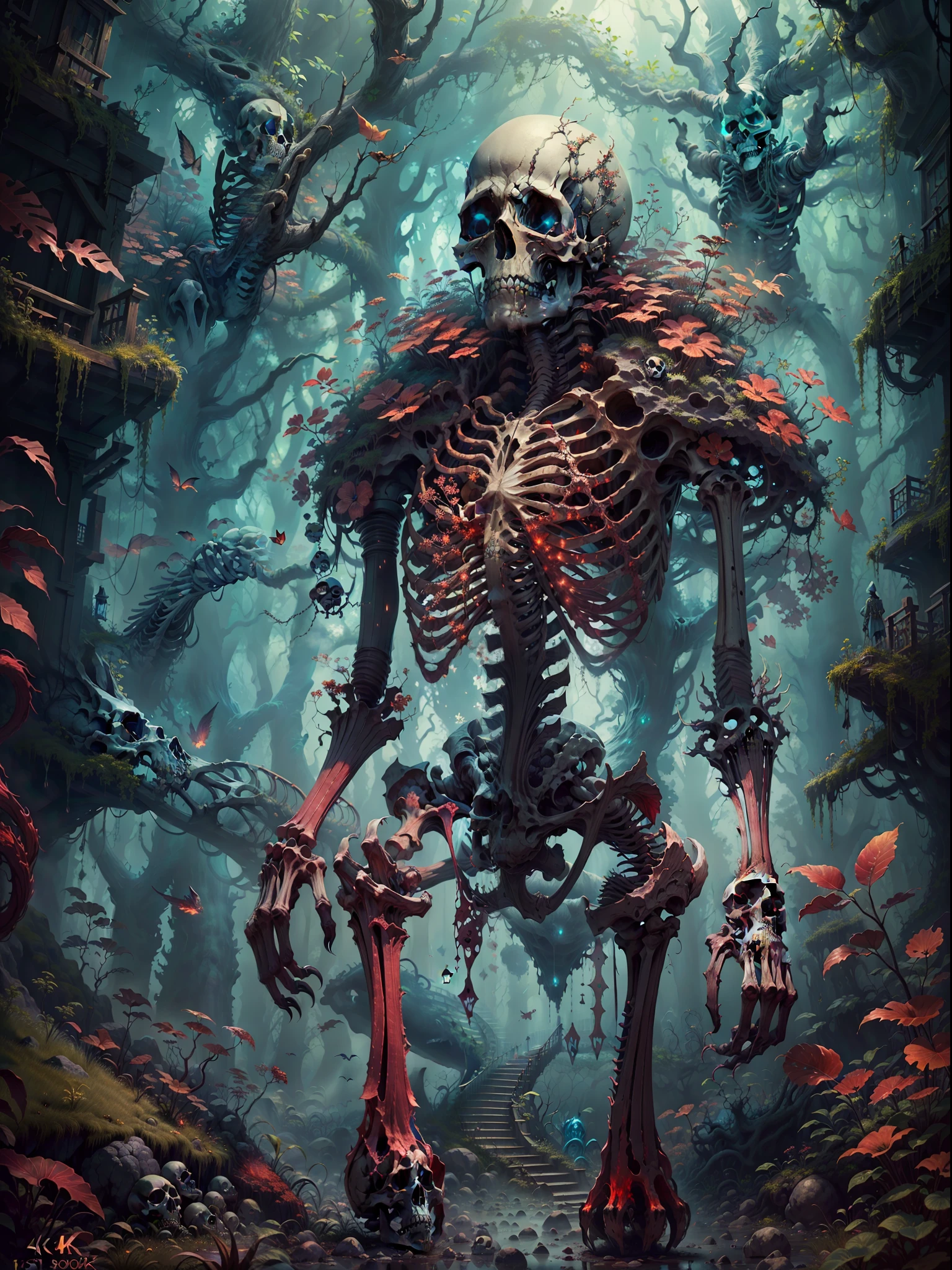 (Best quality,4K,A high resolution,Masterpiece:1.2),fantasy horror art,Huge skeletons:1.37，skulls，skeleton，magia,an overgrown,dense fog，Translucent red ghost