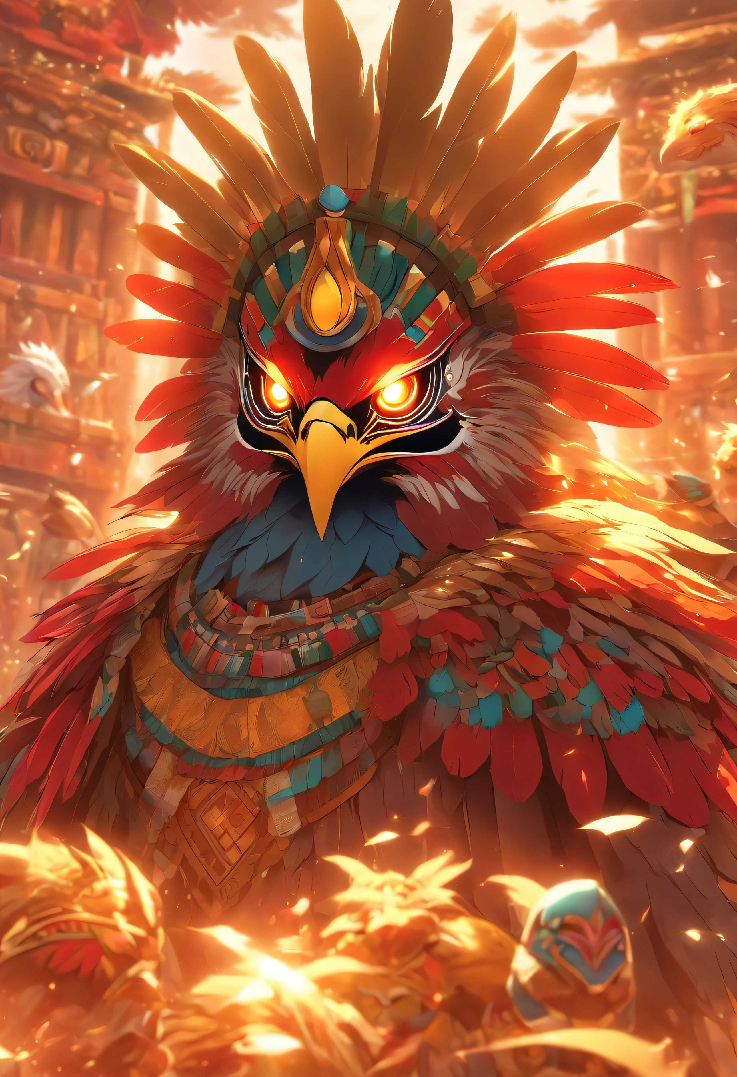 (((Bird Head))) best quality, ultra-high resolution, 4K detailed CG, master piece, Vucub Caquix, Mayan clothing,sun shine, sun god,Mayan mythology, Mexico, aesthetics, ((Bird helmet )), Beautiful image, centered on the screen