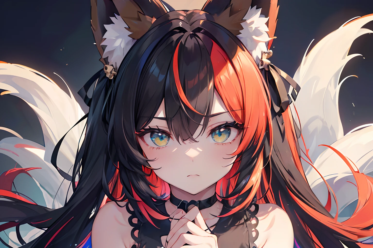 masterpiece, best quality,super fine illustration, perfect anatomy, correct anatomy, perfect proportion, perfect face, perfect hands, perfect legs, perfect fingers, perfect hands, professional lighting, best quality, ultra detailed, extremely delicate and beautiful, 4k, 8k,,1girl, fox girl, (((multicolored hair:1.2)(black 1.1)(red 1.1), fox ears, long hair, fox tail, black dress, fishnet stockings, cute expression, highres, best quality, masterpiece,clearly drawn face, beautiful eyes, beautifully detailed eyes, highly detailed eyes, ribbon, choker, looking at viewer, skull hair clip, green eyes, head shot