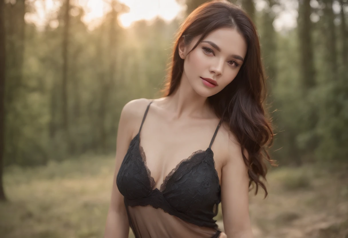 (best quality,4k,8k,highres,masterpiece:1.2),ultra-detailed,(realistic,photorealistic,photo-realistic:1.37),HDR,UHD,studio lighting,extreme detail description,professional,vivid colors,bokeh,beautiful young woman,long flowing black hair,[tent],[sexy lingerie],[mischievous],[looking at viewer],[outdoor],[cuckold camping scene implied] Wide angle view, full body visible
