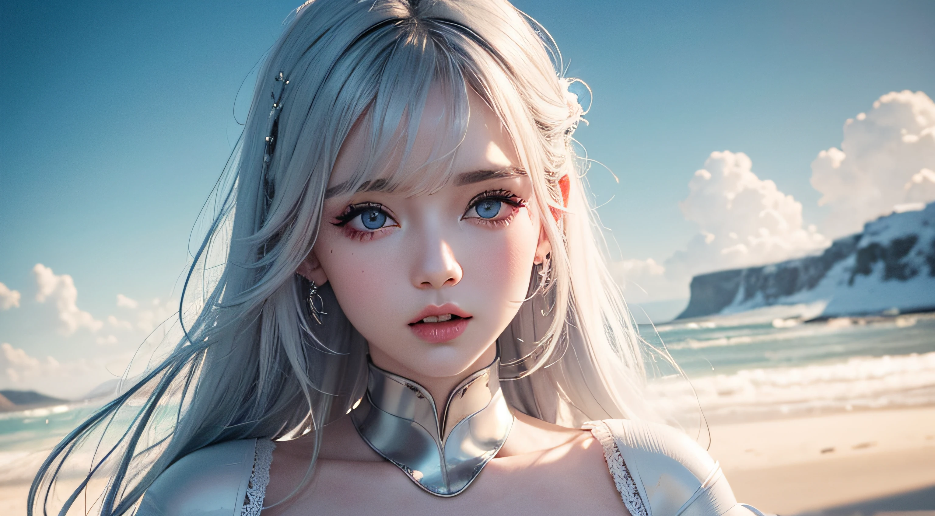 8K high-definition,realistic visual effects,attractive beautiful,clouds,White clouds fill the sky,Gentle lighting,Delicate warmth,the soft light,hyper HD, Extremely colorful,best qualityer,perfect female shape,HighDynamicRange,long eyelasher,Unbeatable masterpiece,Snow-whiteskin,putting makeup on, Sexy goddess,Strange sky,A pair of big eyes are beautiful and moving,White skin,Makeup,Sexy outfit,,Sexy goddess,Sexy outfit,Wear white lace,With silver,Snowy