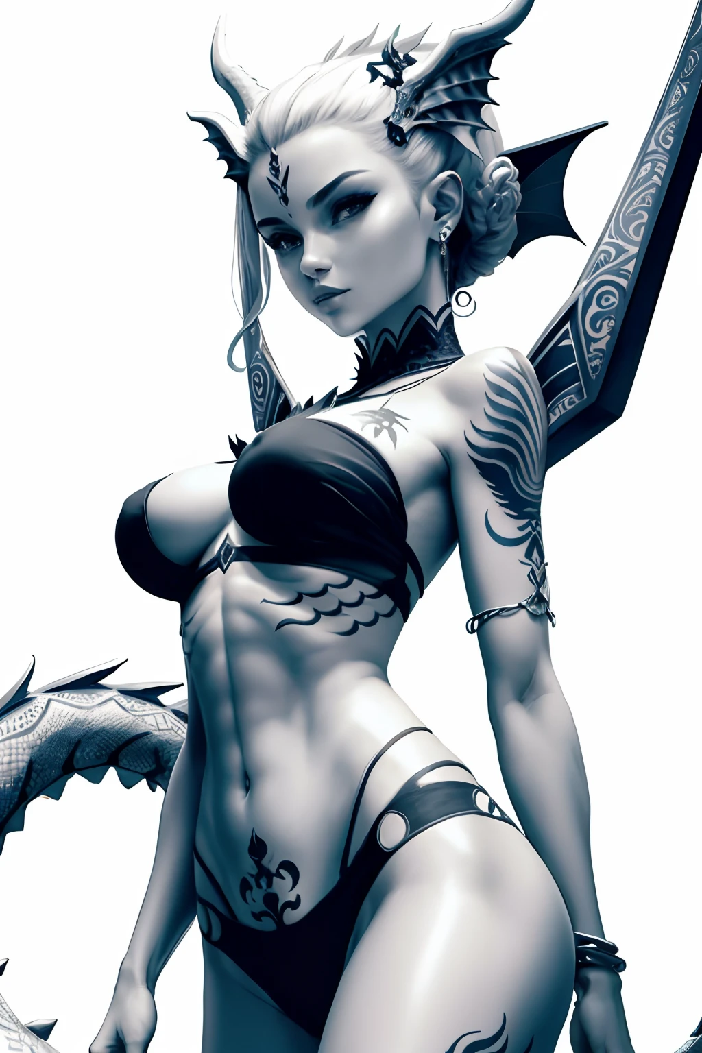 Minimalist fine line sternum underboob tattoo design of a dragon with Artemis symbols
