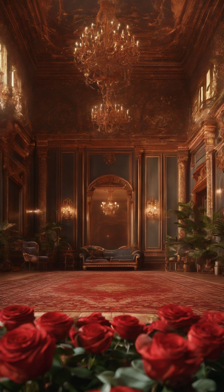 (Best quality, 32K resolution, High-res, Ultra-detailed, Photorealistic，Finely portrayed details), The engine of Unreal 5, A magnificent room，The floor is covered with a large number of flowers, romantic motifs, Portal for rose making, MajesticBackdrops, floral environment, Beautiful scenery, Flower beds on the floor, wallpaper aesthetic, E-commerce live room background，Hyper-realistic rendering, Exquisite composition, Breathtaking wallpapers, stunning  visuals, Landscape wallpaper aesthetics, Red elegant background, red reflections, C4D render, top notch quality, RAW photo"