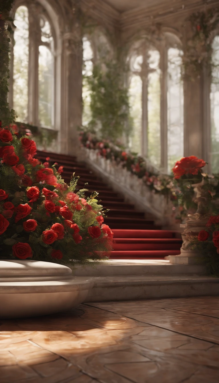 (Best quality, 32K resolution, High-res, Ultra-detailed, Photorealistic,Finely portrayed details), The engine of Unreal 5, A magnificent room,The floor is covered with a large number of flowers, romantic motifs, Portal for rose making, MajesticBackdrops, floral environment, Beautiful scenery, Flower beds on the floor, wallpaper aesthetic, E-commerce live room background,Hyper-realistic rendering, Exquisite composition, Breathtaking wallpapers, stunning visuals, Landscape wallpaper aesthetics, Red elegant background, red reflections, C4D render, top notch quality, RAW photo"