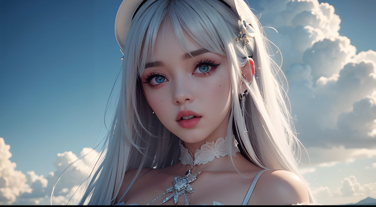 8K high-definition，realistic visual effects，attractive beautiful，​​clouds，White clouds fill the sky，Gentle lighting，Delicate warmth，the soft light，hyper HD， Extremely colorful，best qualityer，perfect female shape，HighDynamicRange，long eyelasher，Unbeatable masterpiece，Snow-whiteskin，putting makeup on， Sexy goddess，Strange sky，A pair of big eyes are beautiful and moving，White skin，Makeup，Sexy outfit，，Sexy goddess，Sexy outfit，Wear white lace，With silver，Snowy