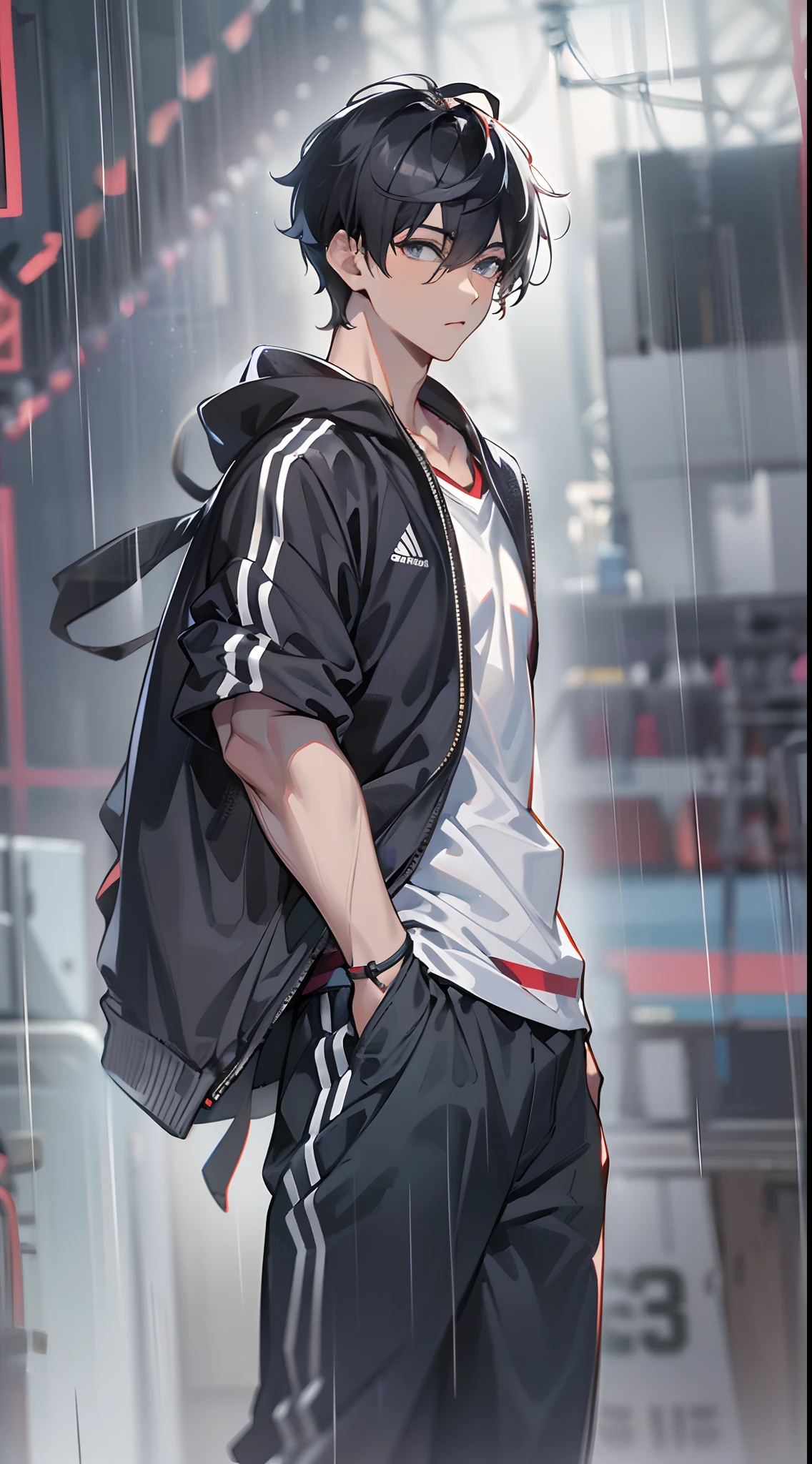tmasterpiece，Need，超高分辨率，(with short black hair)，Handsome man，Sportswear，athletic sneakers，shorter pants，very heavy rain，（Looking Up The Sky）