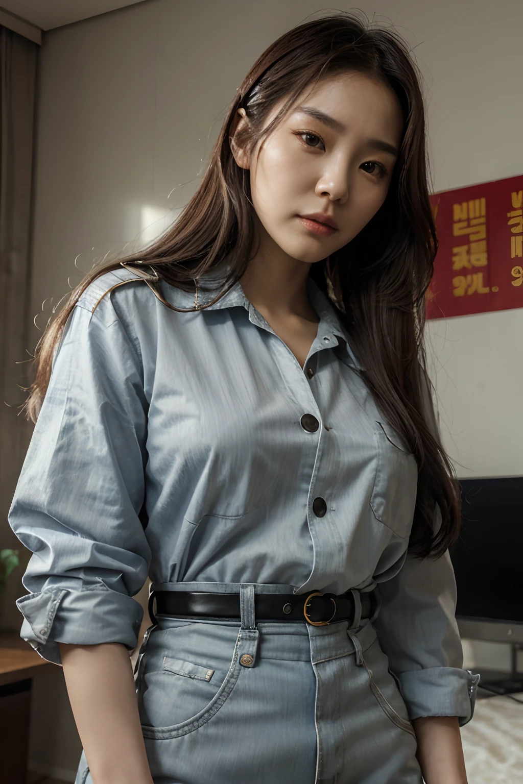 Photorealistic, high resolucion, 1 female, Solo,(frontage), view from below,Full Shot, (Detailed face), White hair, Long hair,( Air Force Pilot Outfit), name tag,overalls,Woman with long hair, kwak ji young, Songs inspired by Tang Sin Yun Sandara, female actress from korea, jaeyeon nam, Lee Ji-eun, Izzy-silver(Lee Ji - Eun), Korean Woman, Normal number (Sangsoo Jeong), heonhwa choe, beautiful south korean woman, hwang se - on