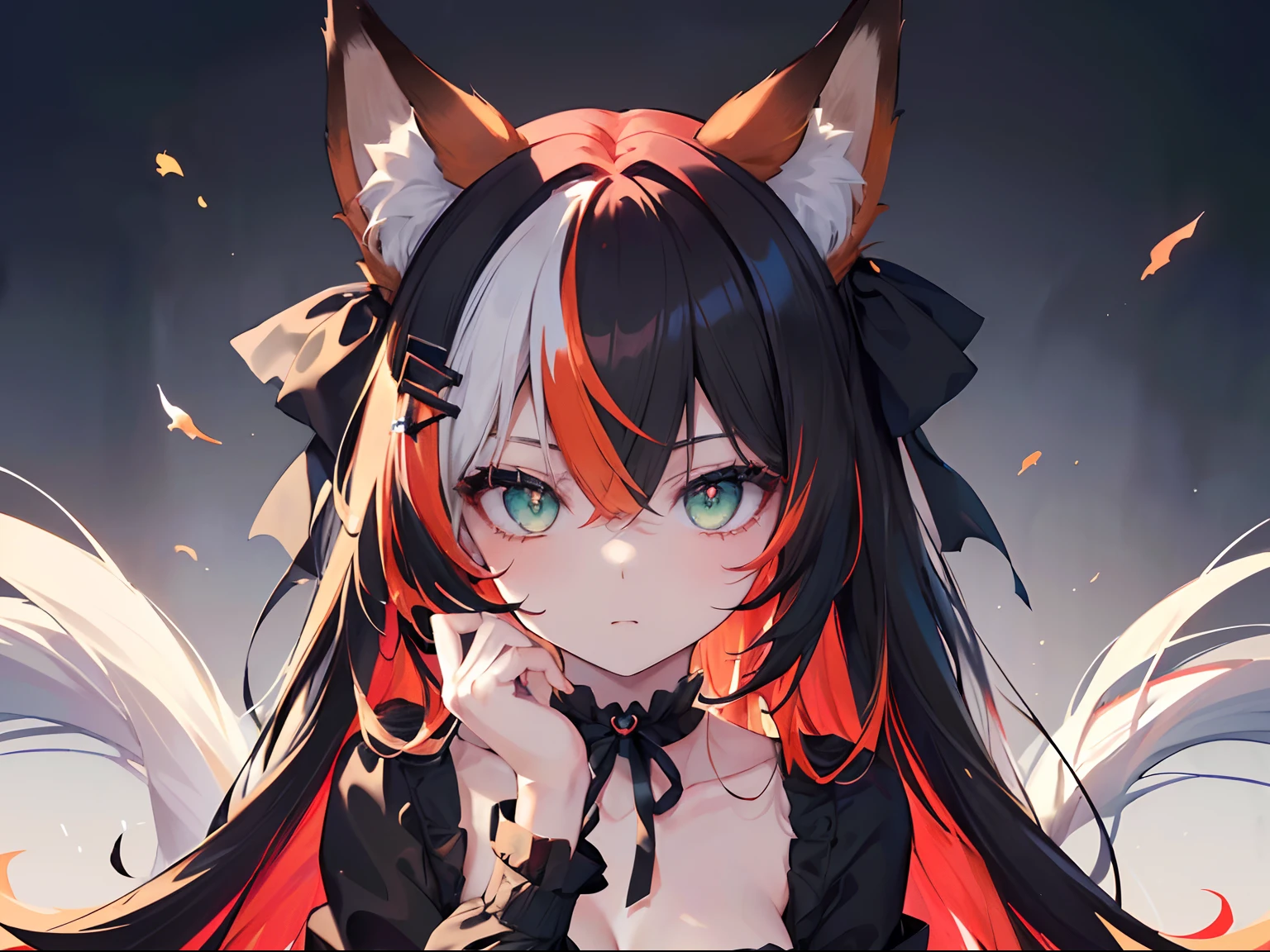 masterpiece, best quality,super fine illustration, perfect anatomy, correct anatomy, perfect proportion, perfect face, perfect hands, perfect legs, perfect fingers, perfect hands, professional lighting, best quality, ultra detailed, extremely delicate and beautiful, 4k, 8k,,1girl, fox girl, (((multicolored hair:1.2)(black 1.1)(red 1.1), fox ears, long hair, fox tail, black dress, fishnet stockings, cute expression, highres, best quality, masterpiece,clearly drawn face, beautiful eyes, beautifully detailed eyes, highly detailed eyes, ribbon, choker, looking at viewer, skull hair clip, green eyes, head shot