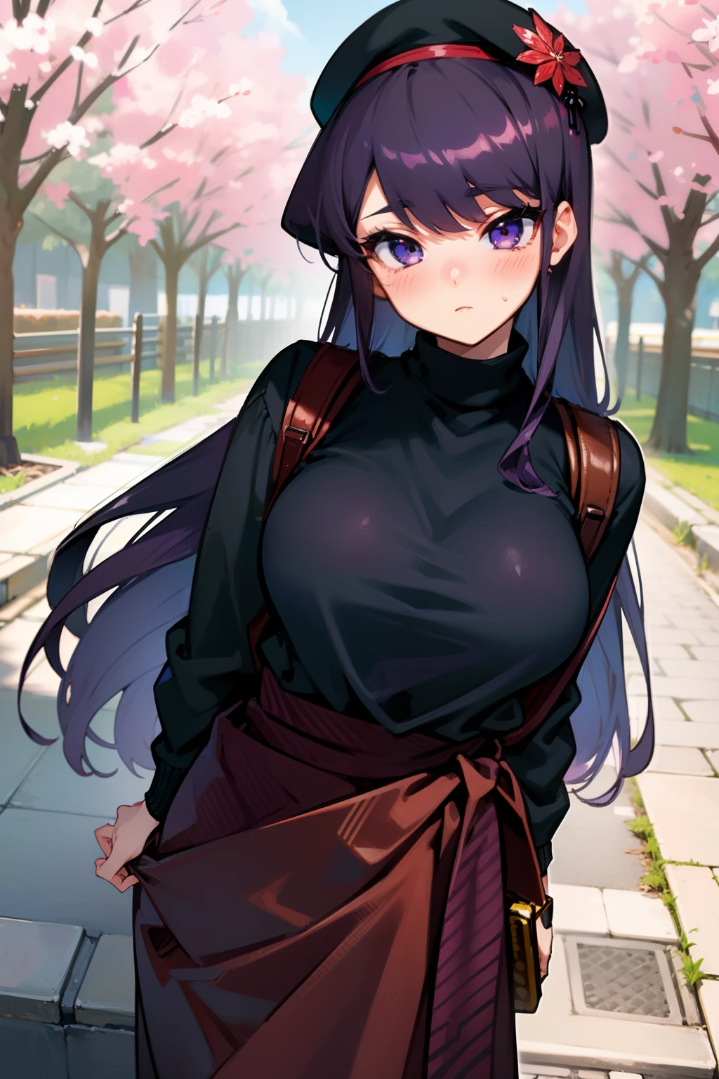 (komishuuko),beautiful,masterpiece, best quality, extremely detailed face,big breasts,looking at viewer, 1 girl, shy, blush, dark purple hair, ((long hair)), standing, japan street, black beret, turtleneck sweater, long skirt, leather backpack