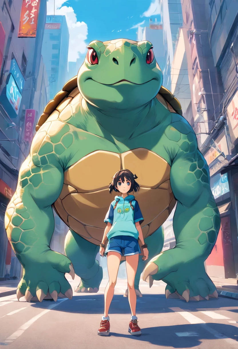((fotografia RAW)), ((tmasterpiece)), Anthropomorphic turtle in streetwear, corpo musculoso, muscular arms, small head, Ogro monstruoso, titanio, expression of fury, Furioso, Fisioculturista Pose, tartaruga musculosa, defined muscles