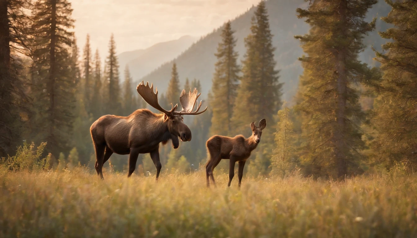 16k, massive details, ((complex details))) immense sky,field of a beautiful mountain pine forrest scene with a cute  moose with her father, golden hour ,amazing sky,Level 15,rocky surface, (photorealistic), art (((Claude Lorrain))), J.R. Tolkien Type [sharp focus], (HDR), (8k), (gigapixel), (masterpiece)