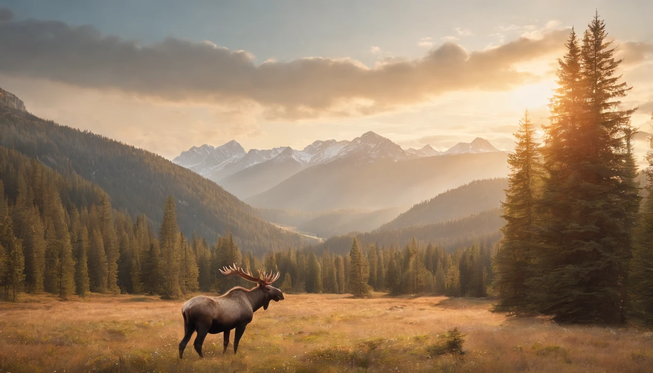 16k, massive details, ((complex details))) immense sky,field of a beautiful mountain pine forrest scene with a cute baby moose with her father, golden hour ,amazing sky,Level 15,rocky surface, (photorealistic), art (((Claude Lorrain))), J.R. Tolkien Type [sharp focus], (HDR), (8k), (gigapixel), (masterpiece)