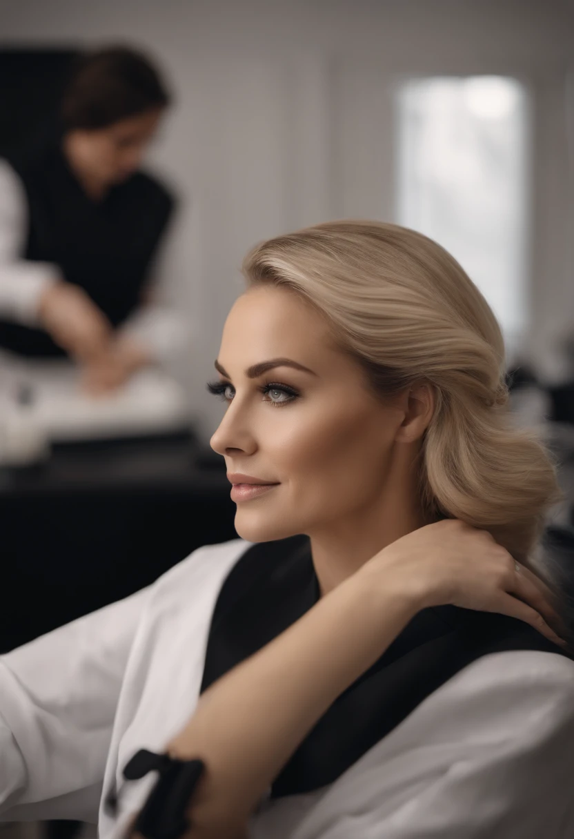 a beautiful woman in the cosmetologist's office, professional, (4k photo:1.1), high detail, wearing black business dress, beautiful detailed face, hazel eyes, not too long blonde hair, body shape, massage table, windows